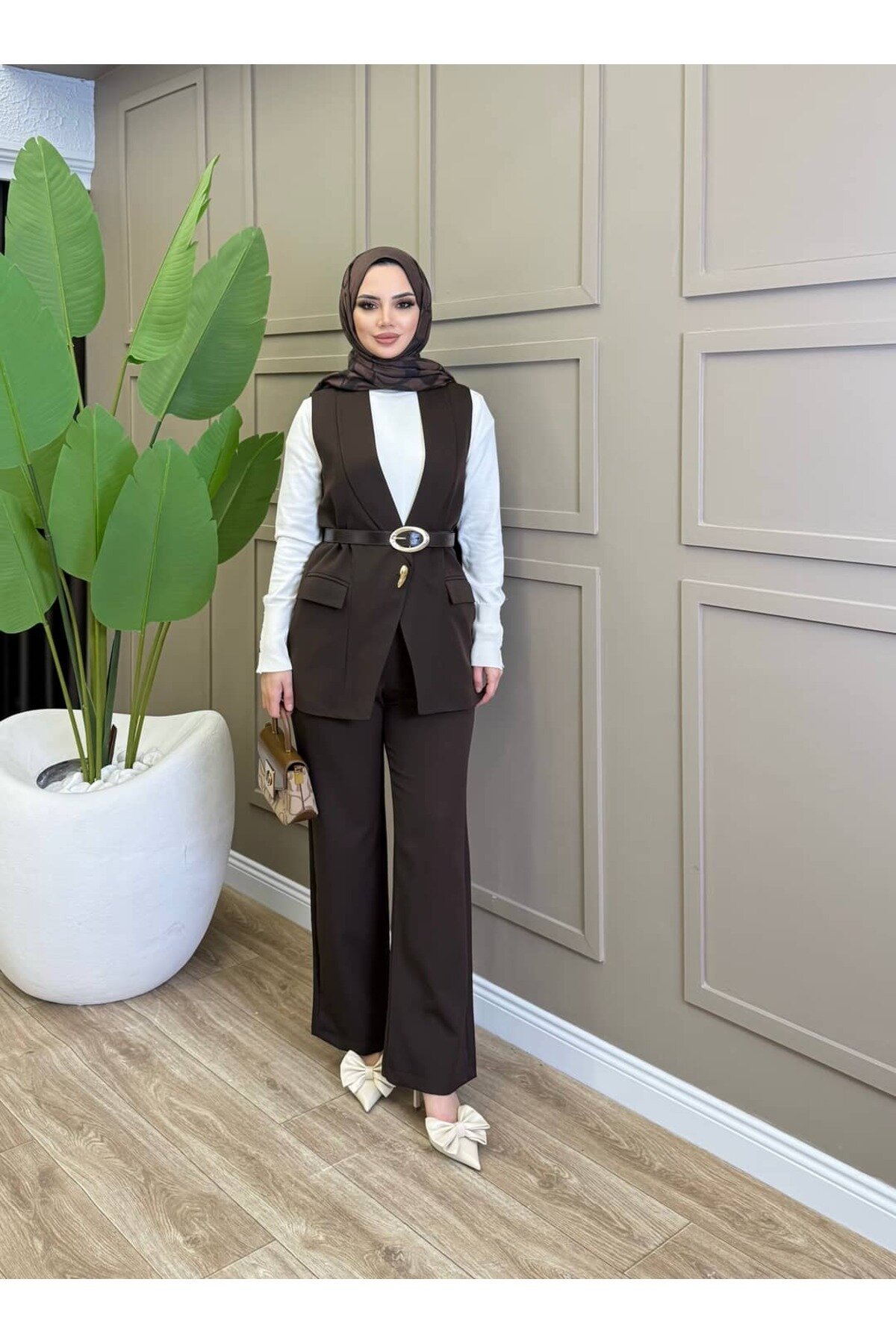 Kahverengi Pantolon İkili Double Yelekli Tesettür Takım - ALLİNOFFİCİAL