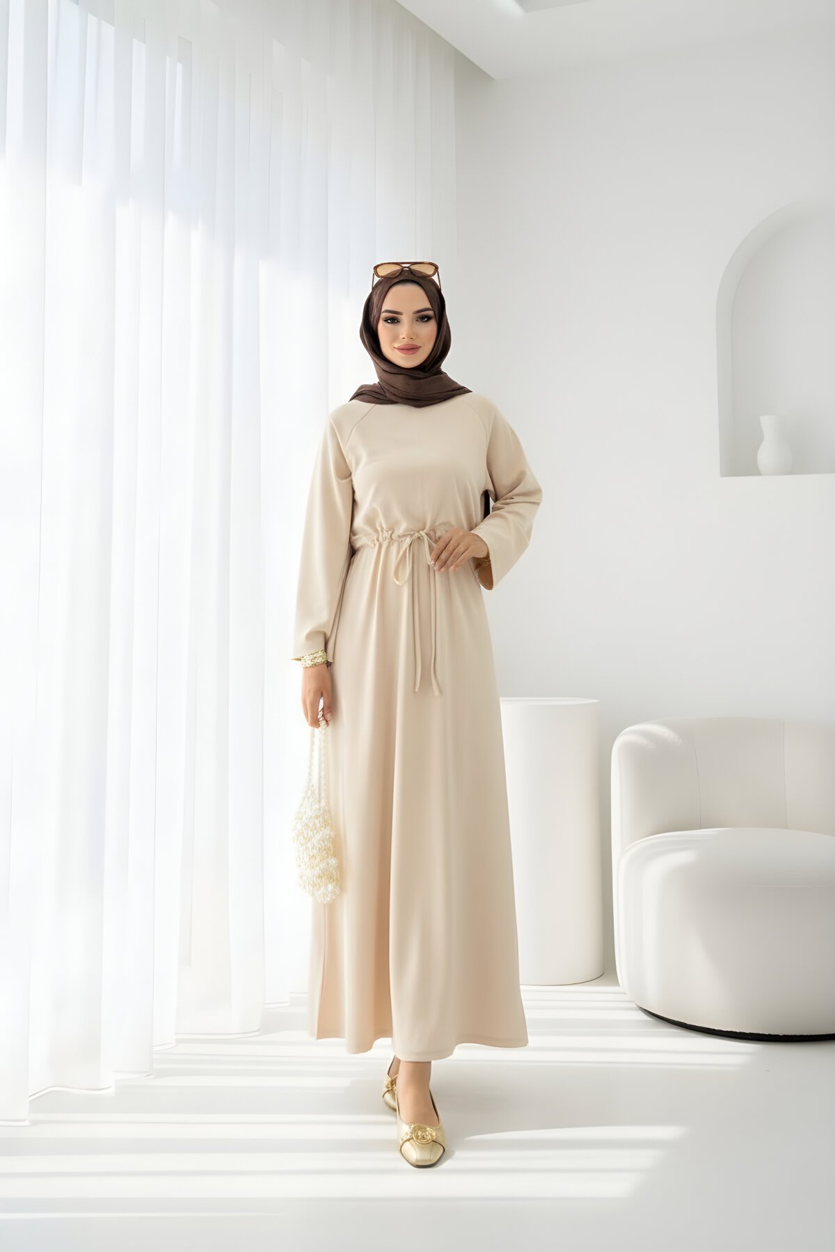 Krem Tünelli Tesettür Elbise - ALLİNOFFİCİAL