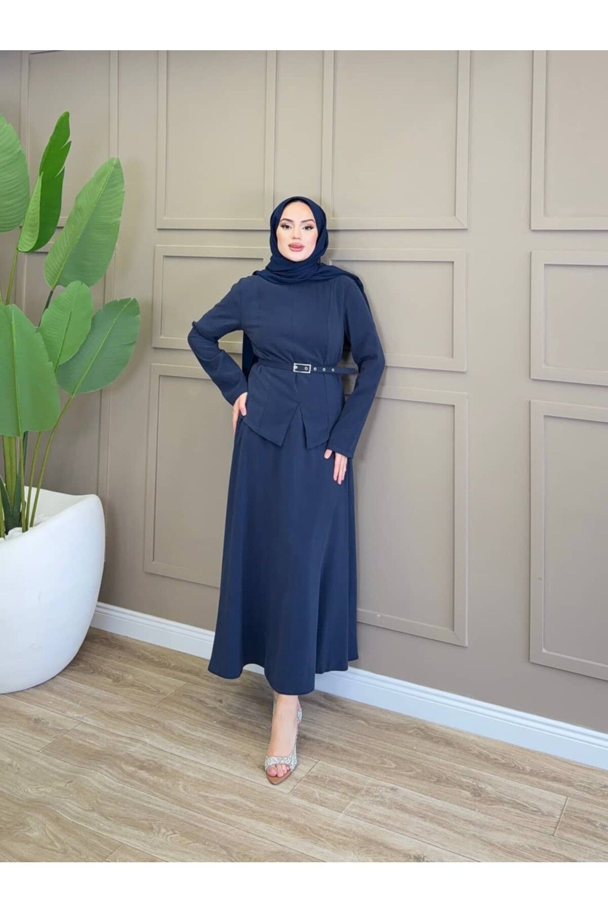 Lacivert Asimetrik Kemerli Modal Takım - ALLİNOFFİCİAL