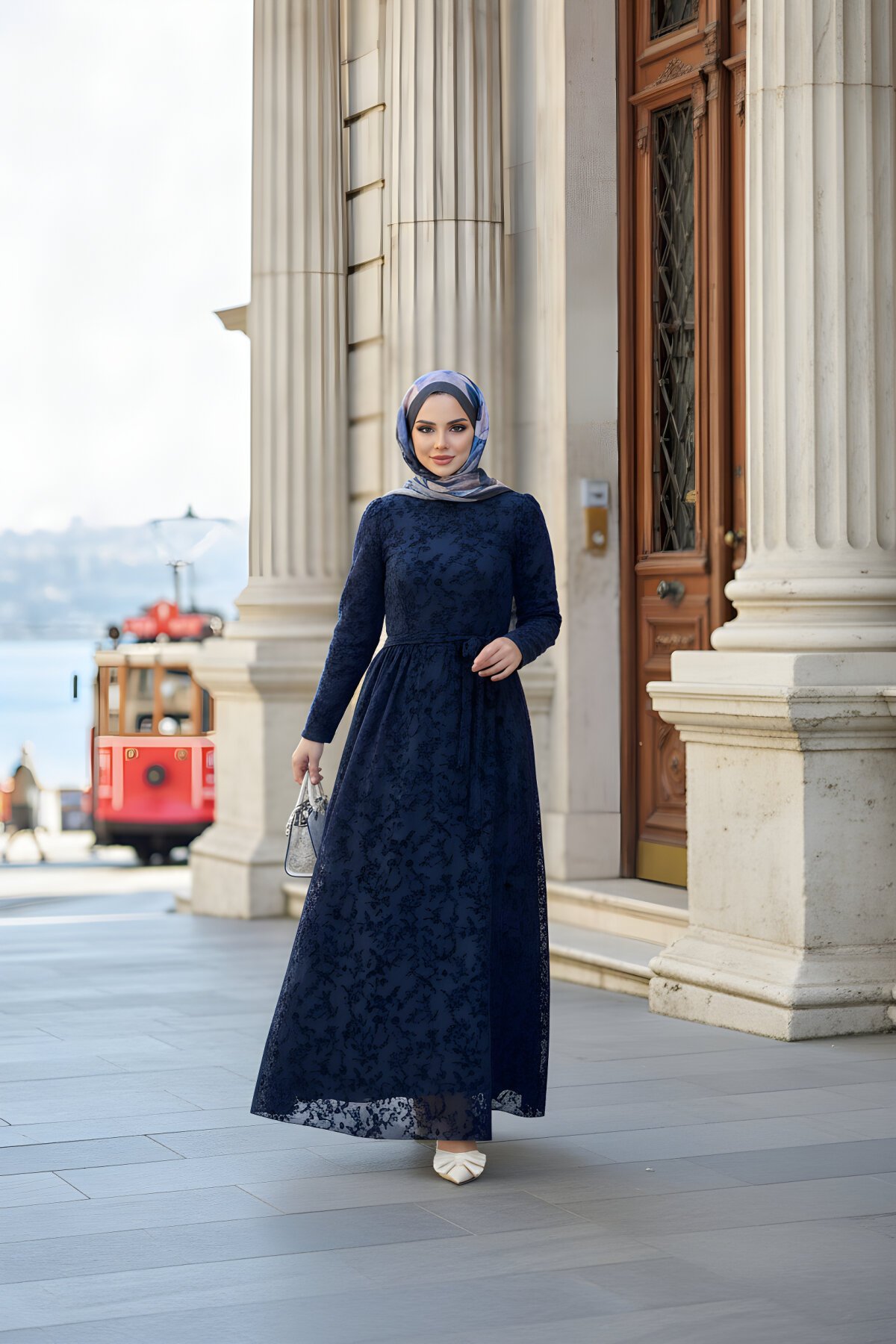 Lacivert Flok Desen Kuşaklı Elbise - ALLİNOFFİCİAL