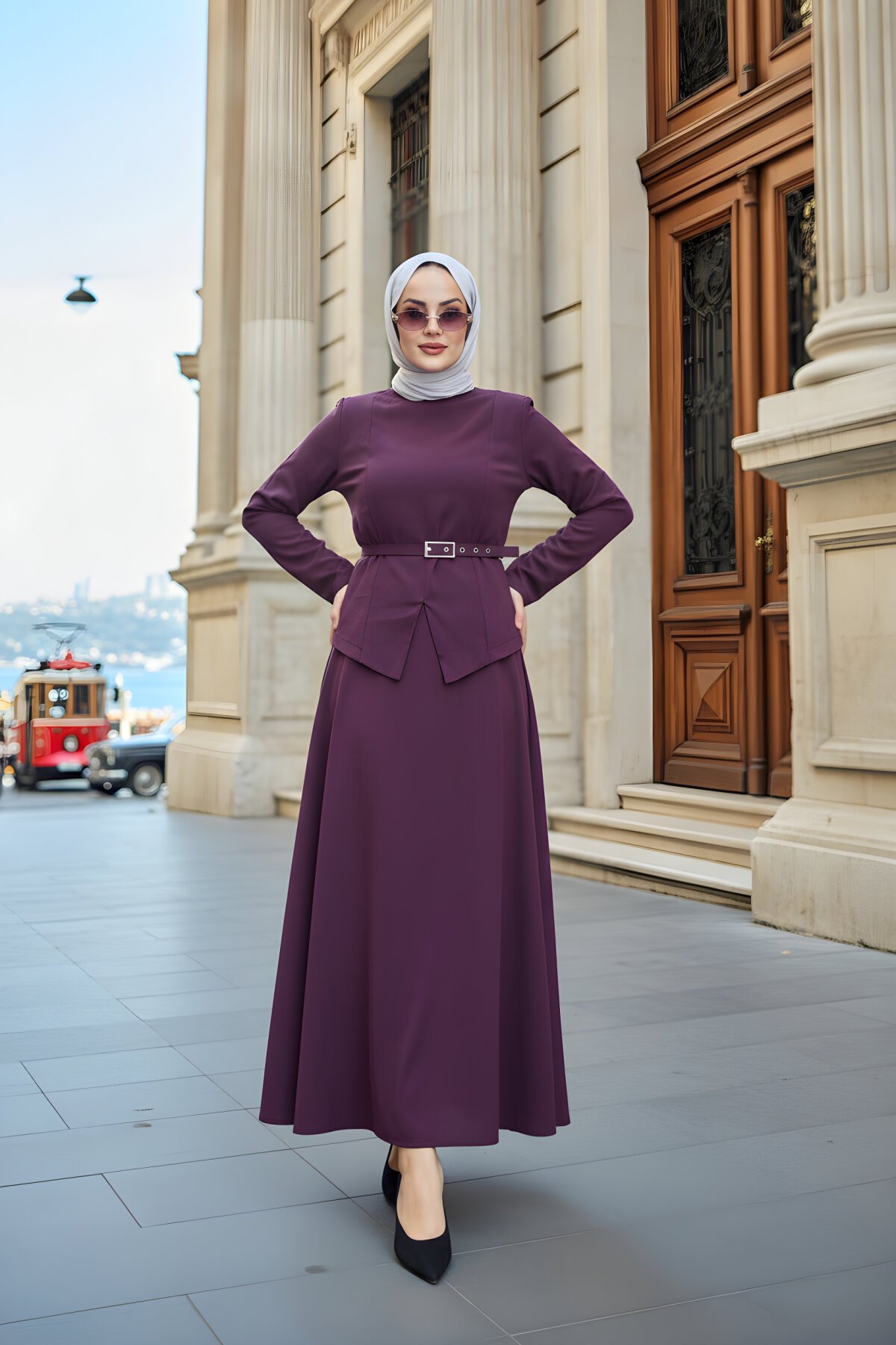 Mürdüm Asimetrik Kemerli İkili Tesettür Takım - ALLİNOFFİCİAL