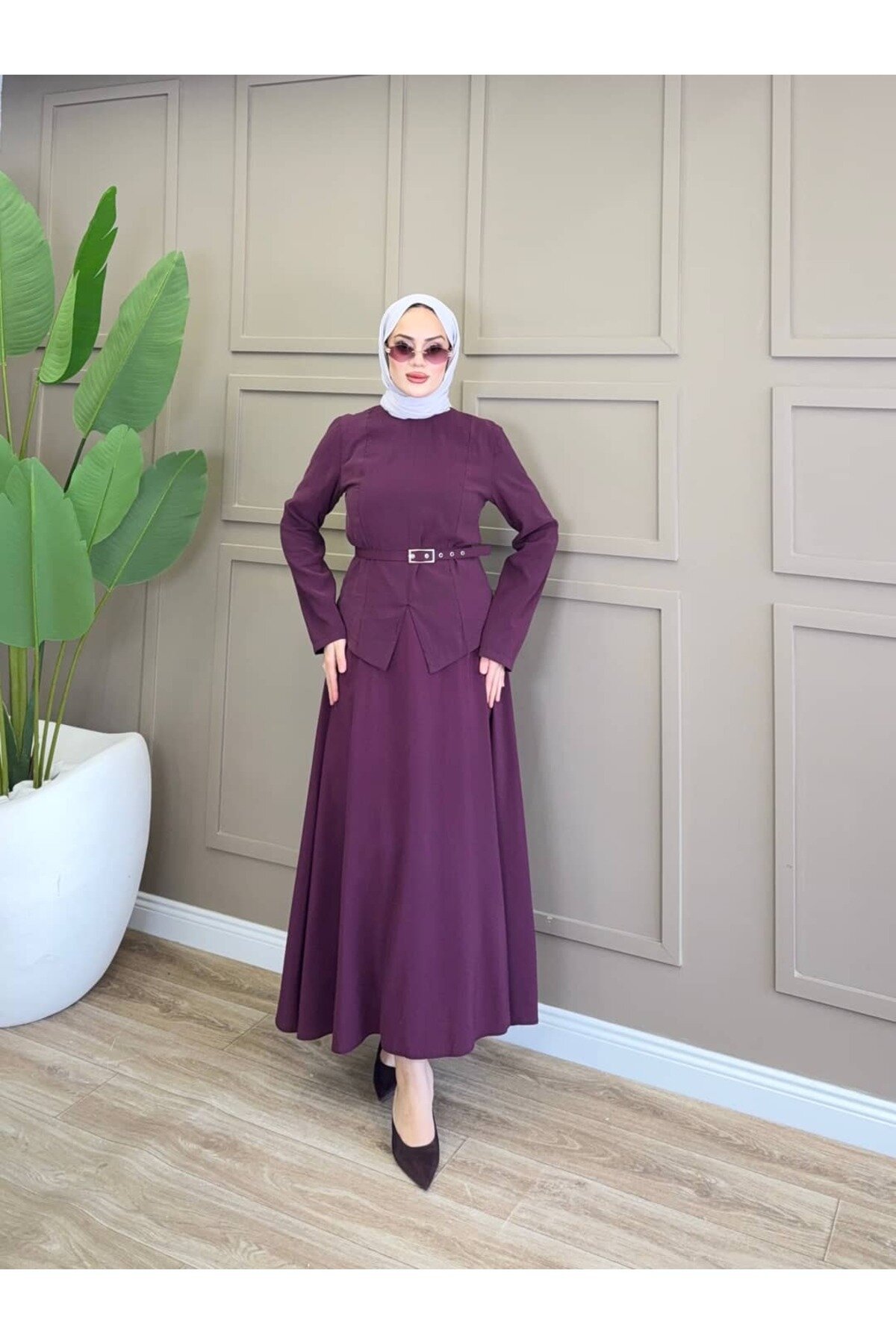 Asymmetric Belted Two-piece Modest Set - Plum - ALLİNOFFİCİAL