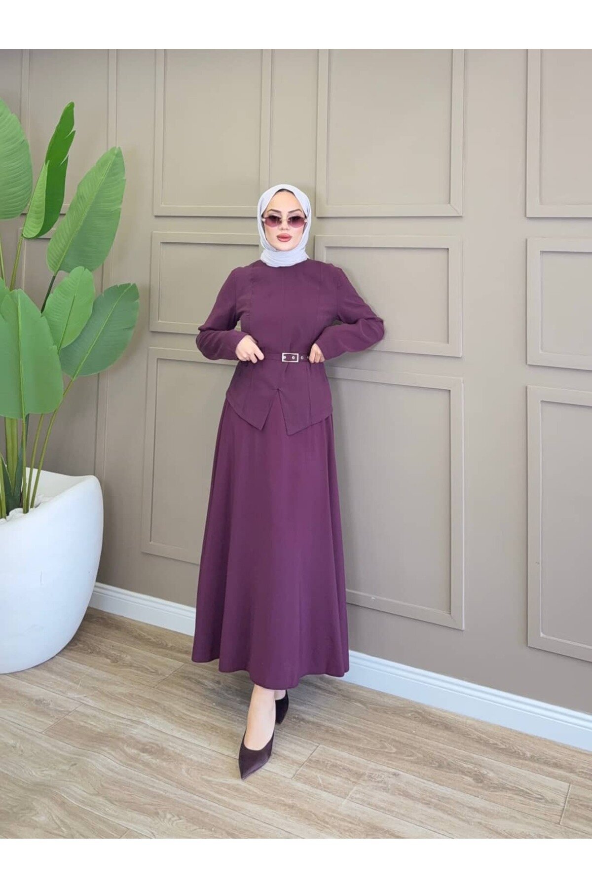 Asymmetric Belted Two-piece Modest Set - Plum - ALLİNOFFİCİAL