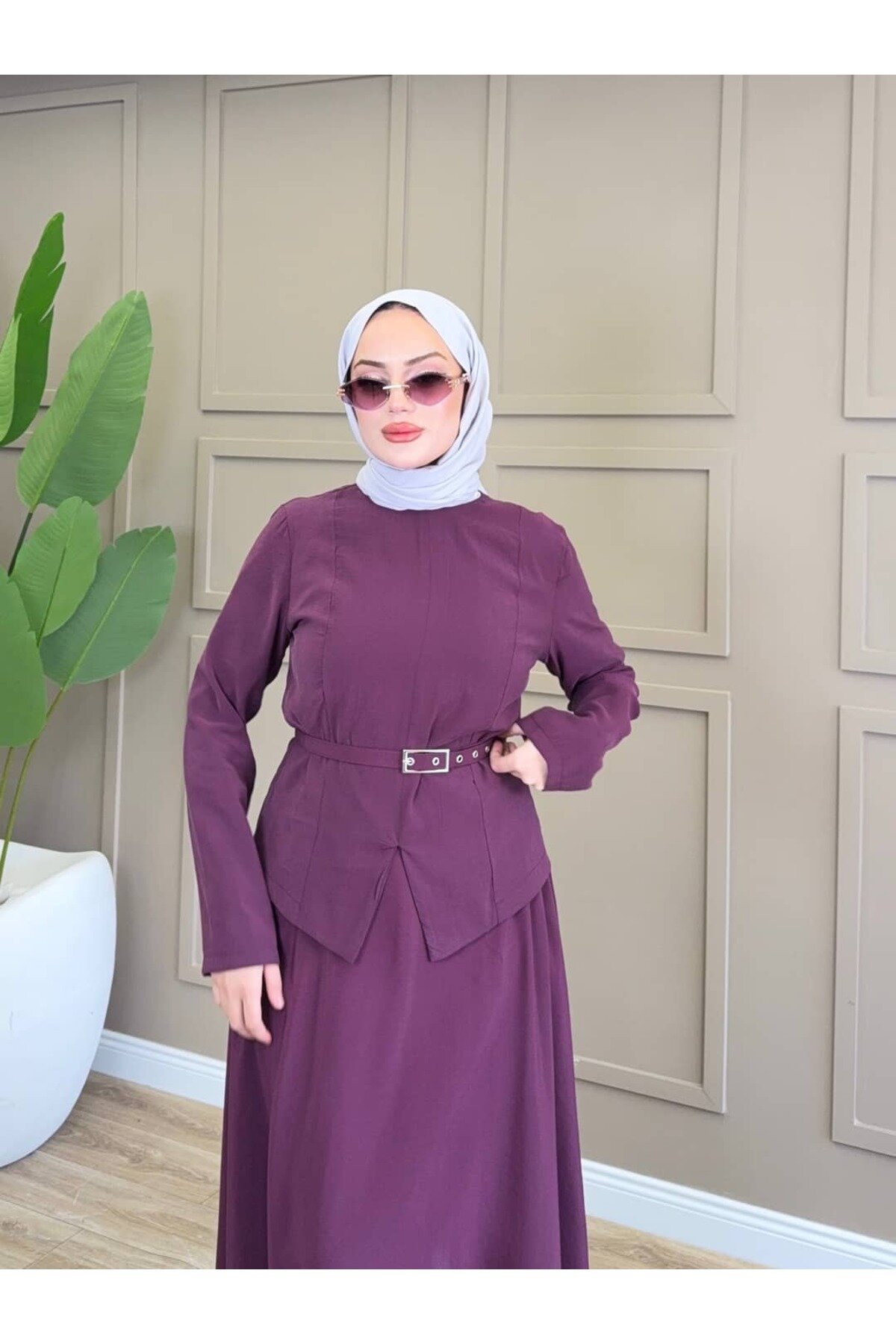 Asymmetric Belted Two-piece Modest Set - Plum - ALLİNOFFİCİAL