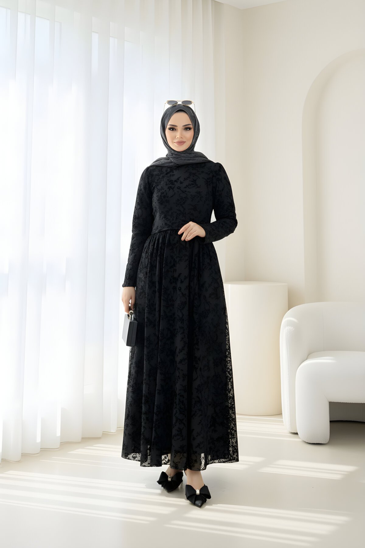 Siyah Flok Desen Kuşaklı Elbise - ALLİNOFFİCİAL