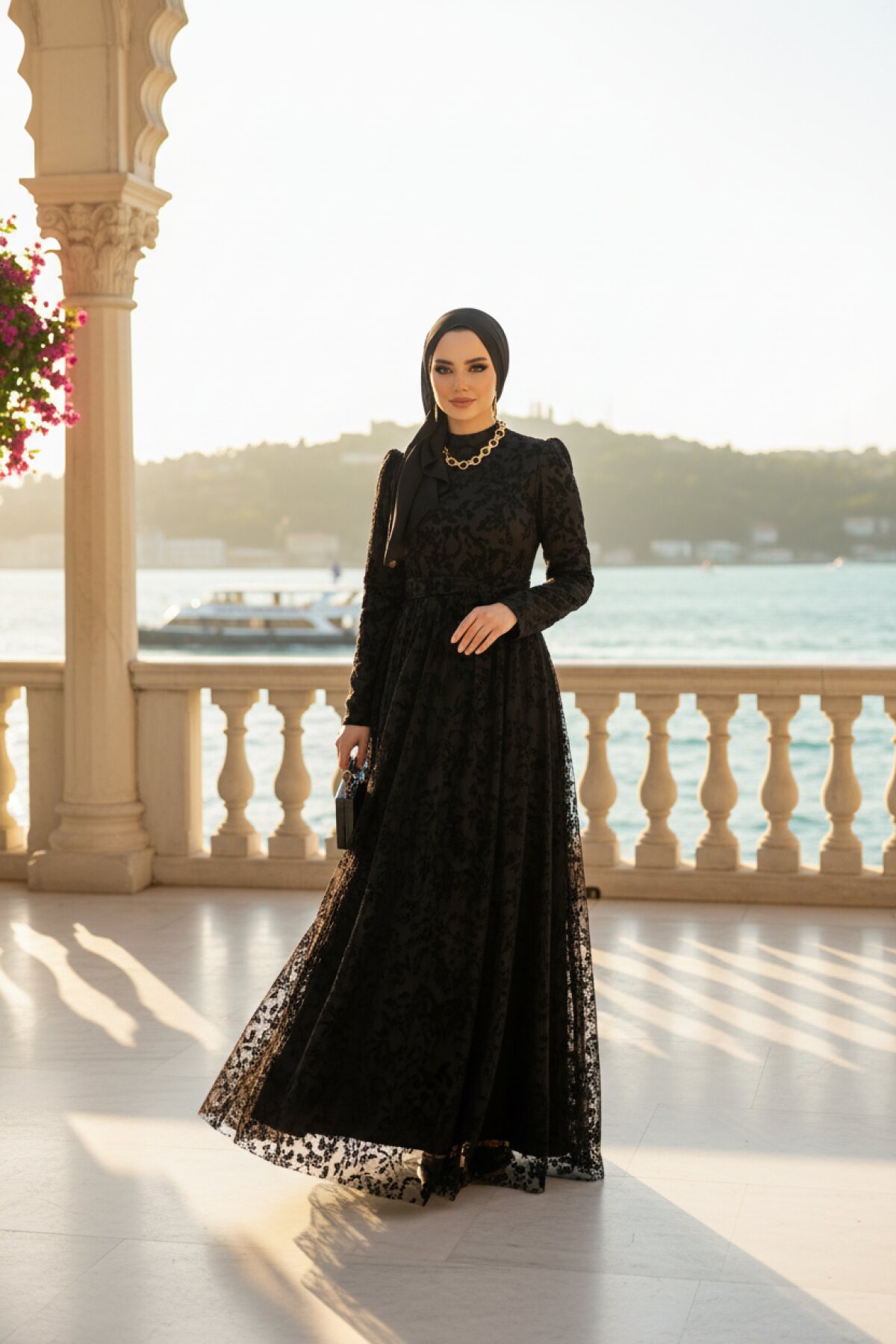 Flocked Tulle Evening Dress - Black - ALLİNOFFİCİAL