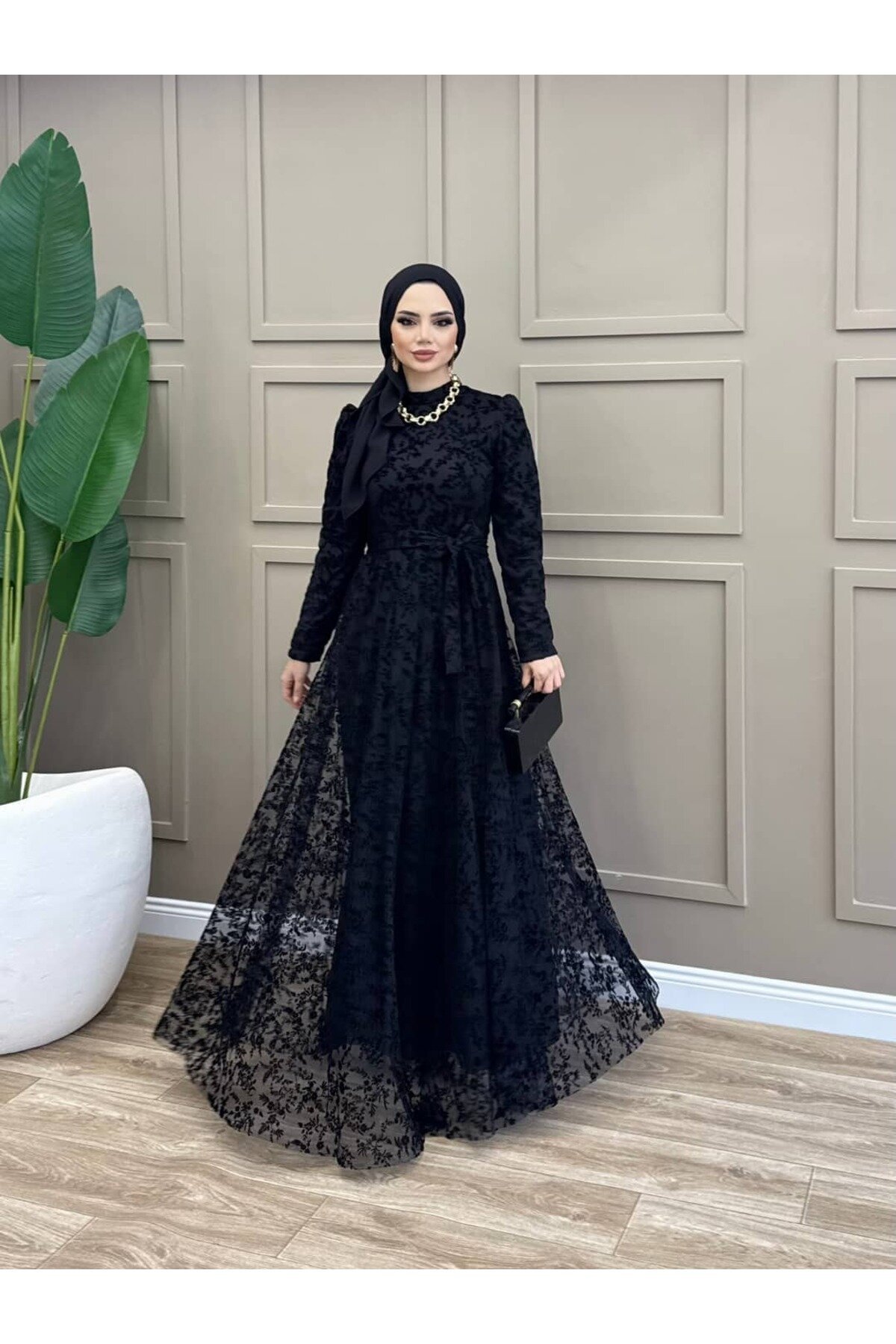 Flocked Tulle Evening Dress - Black - ALLİNOFFİCİAL