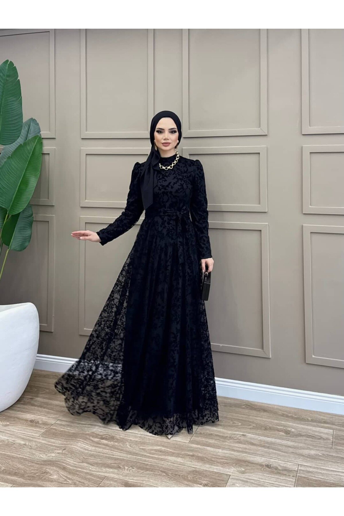 Flocked Tulle Evening Dress - Black - ALLİNOFFİCİAL