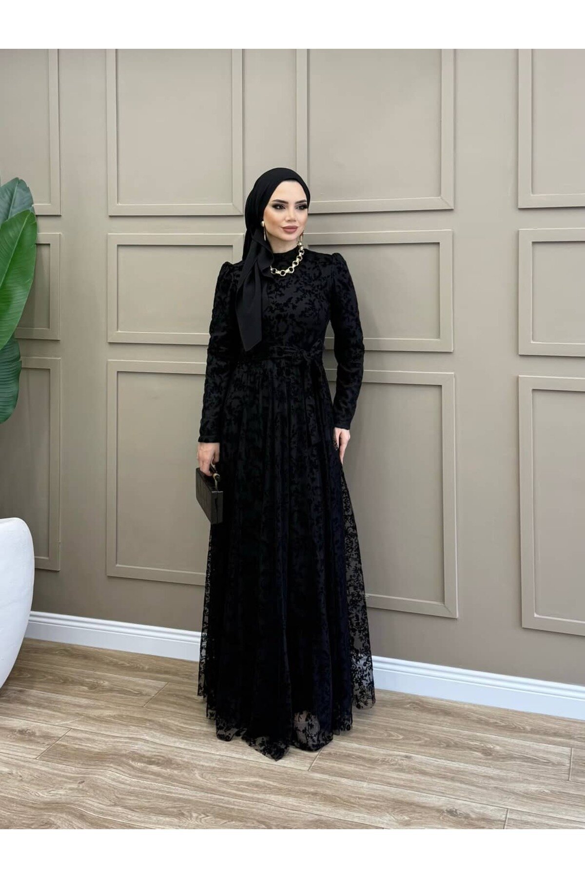 Flocked Tulle Evening Dress - Black - ALLİNOFFİCİAL