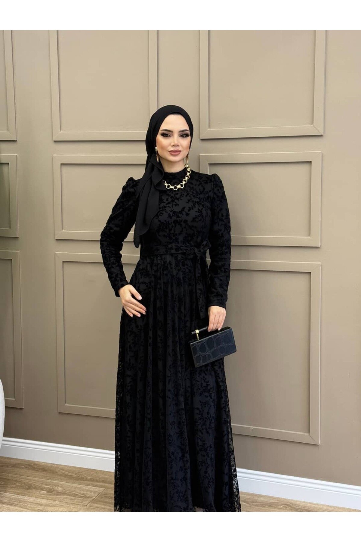 Flocked Tulle Evening Dress - Black - ALLİNOFFİCİAL