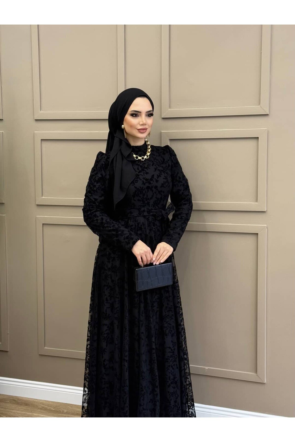 Flocked Tulle Evening Dress - Black - ALLİNOFFİCİAL