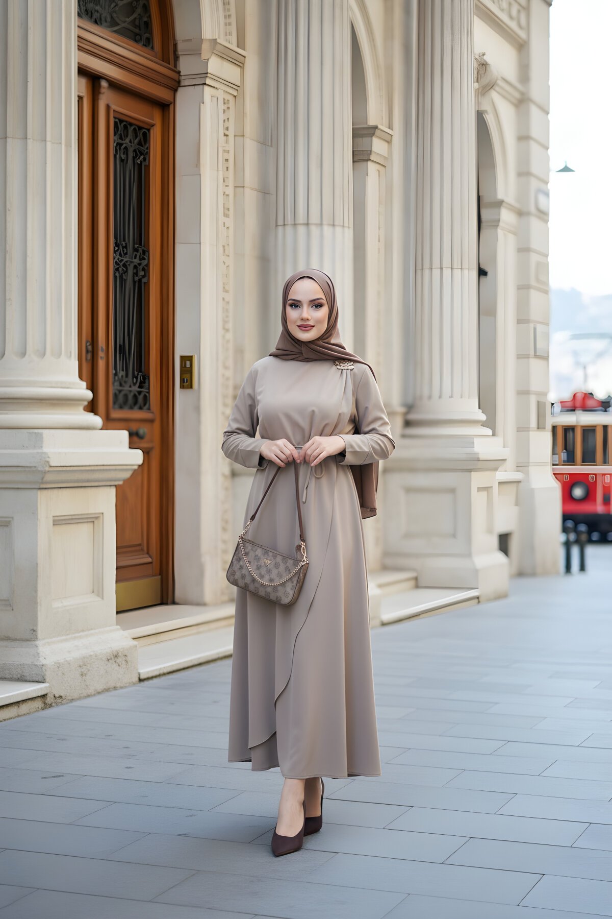 Vizon Kruvaze Bej Bağlamalı Elbise - ALLİNOFFİCİAL