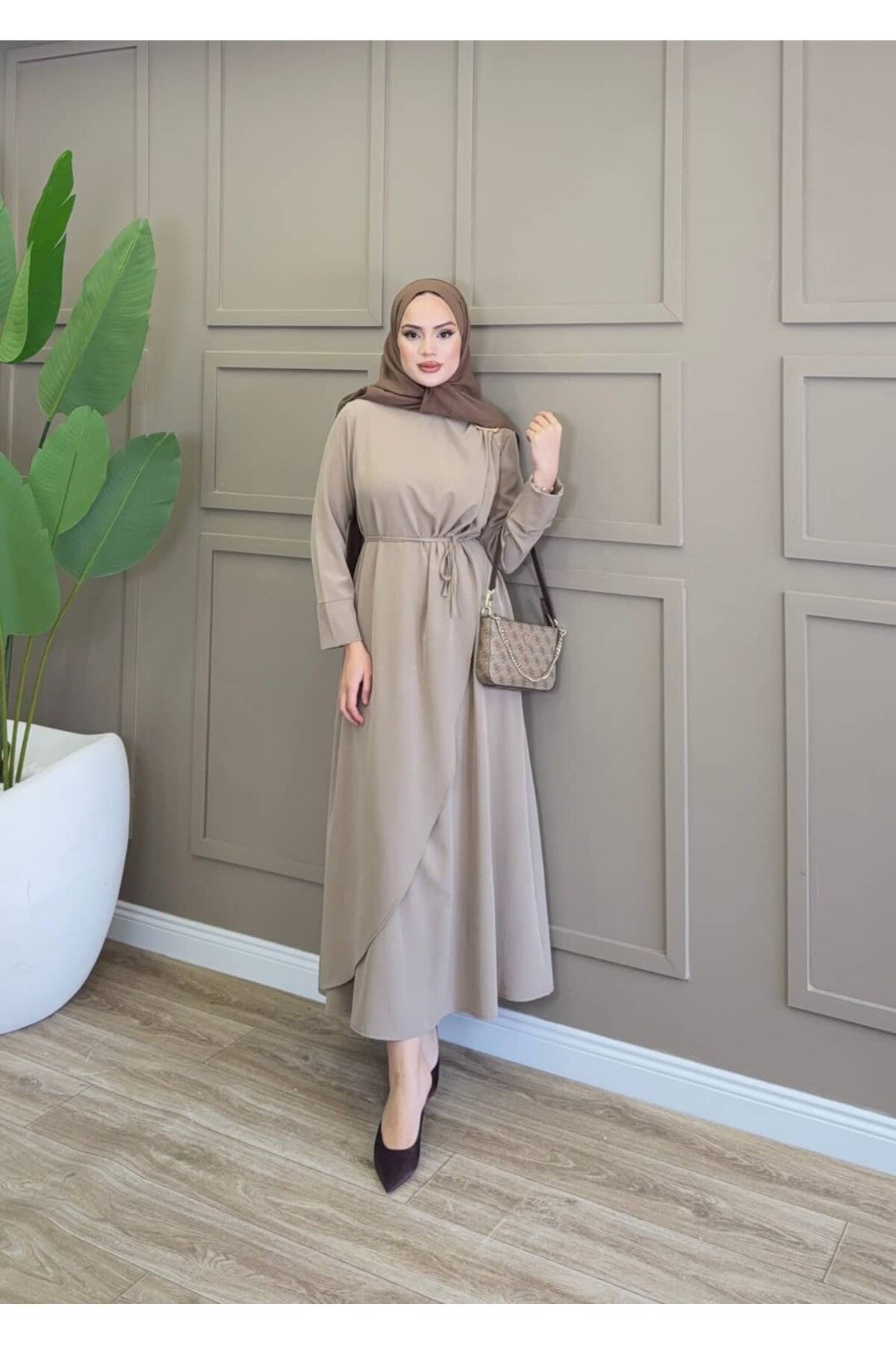 Wrap Tie-Detail Dress - Mink Beige - ALLİNOFFİCİAL