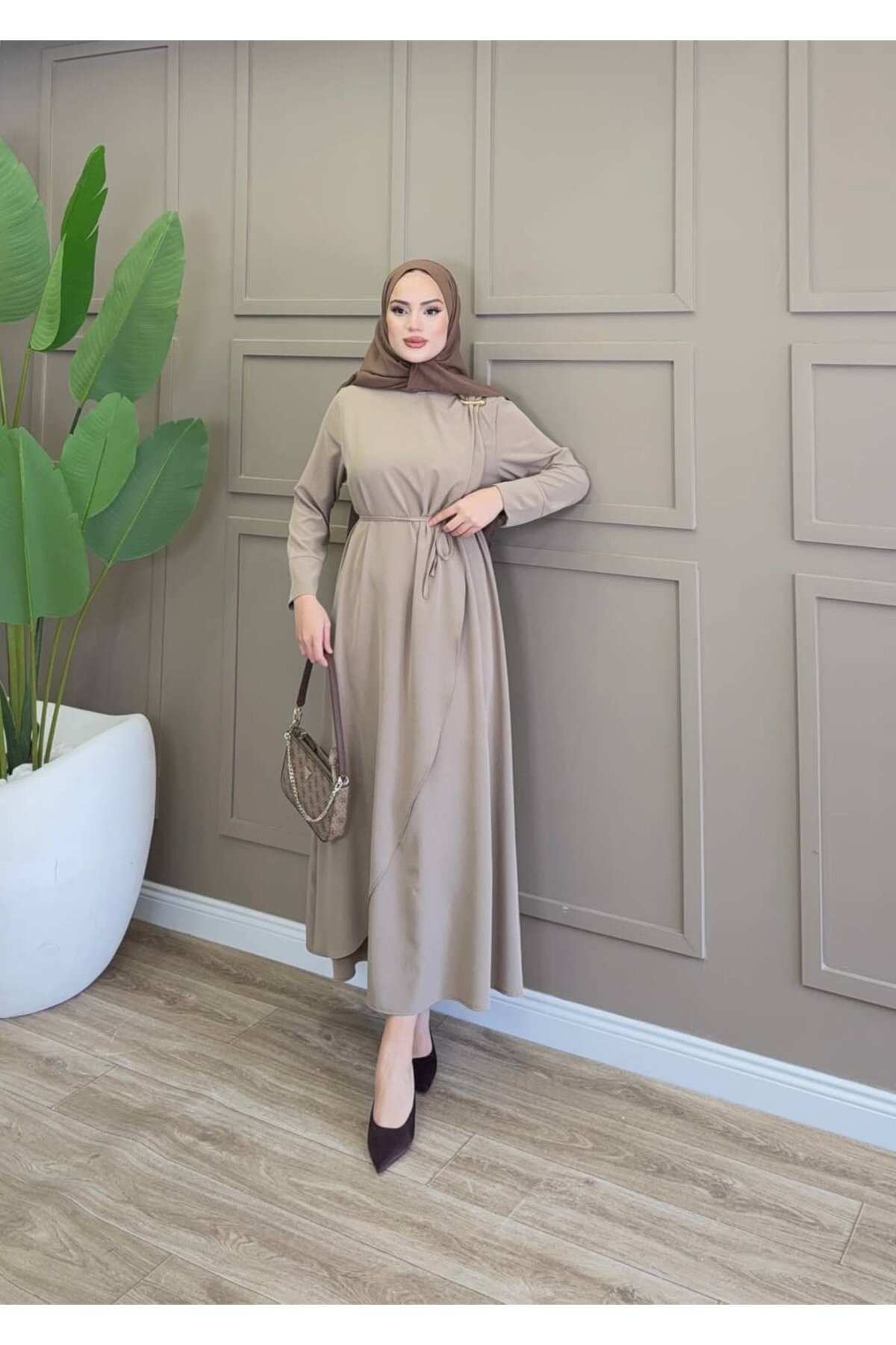 Wrap Tie-Detail Dress - Mink Beige - ALLİNOFFİCİAL