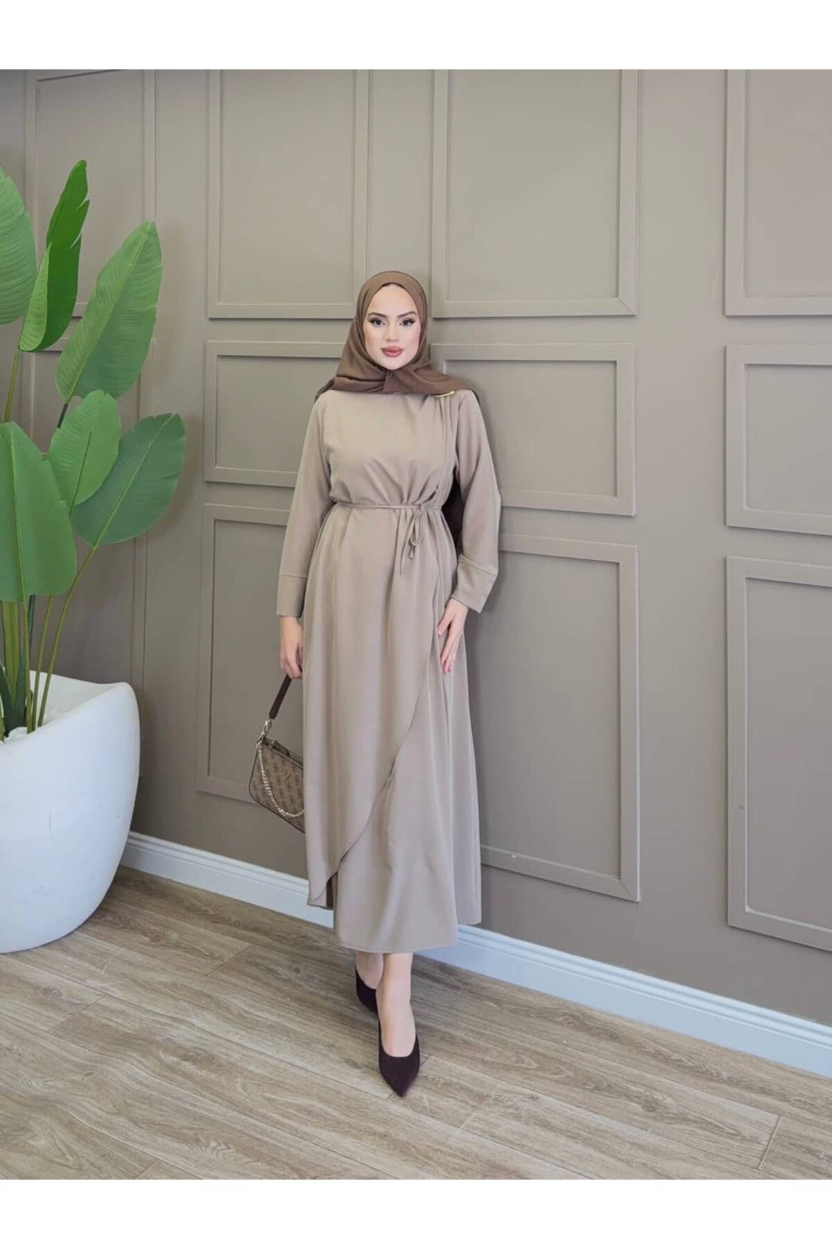 Wrap Tie-Detail Dress - Mink Beige - ALLİNOFFİCİAL