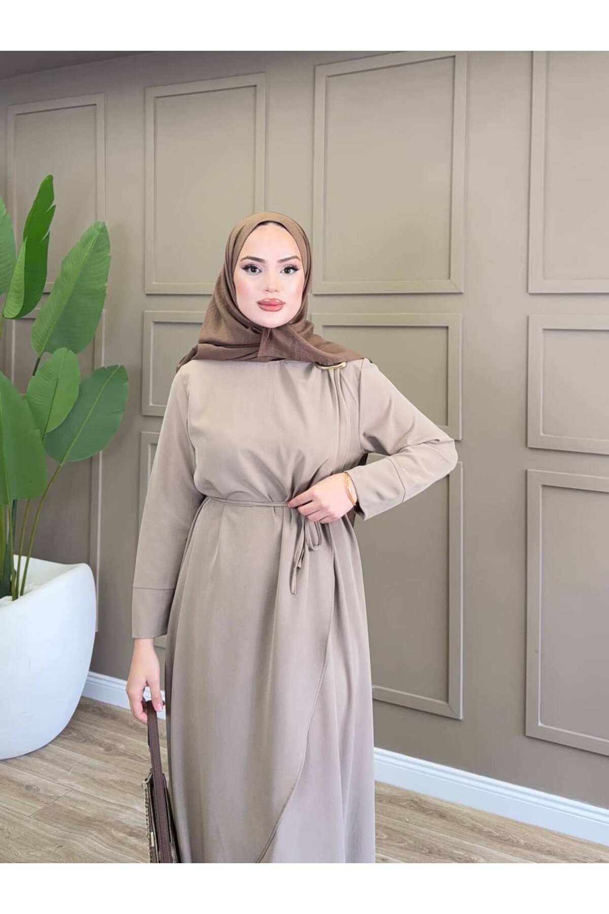 Wrap Tie-Detail Dress - Mink Beige - ALLİNOFFİCİAL