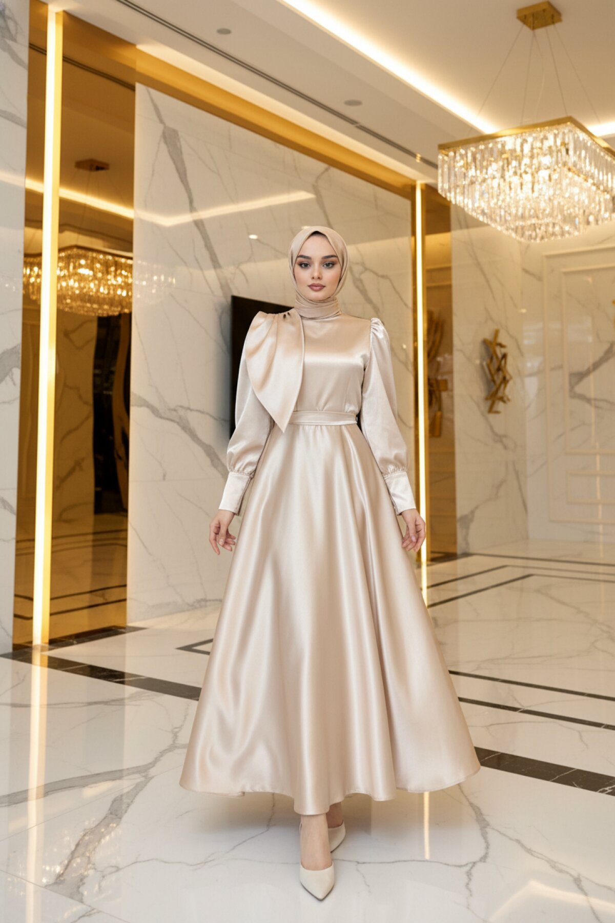 Bej Faraz Saten Abiye Elbise - Azeem