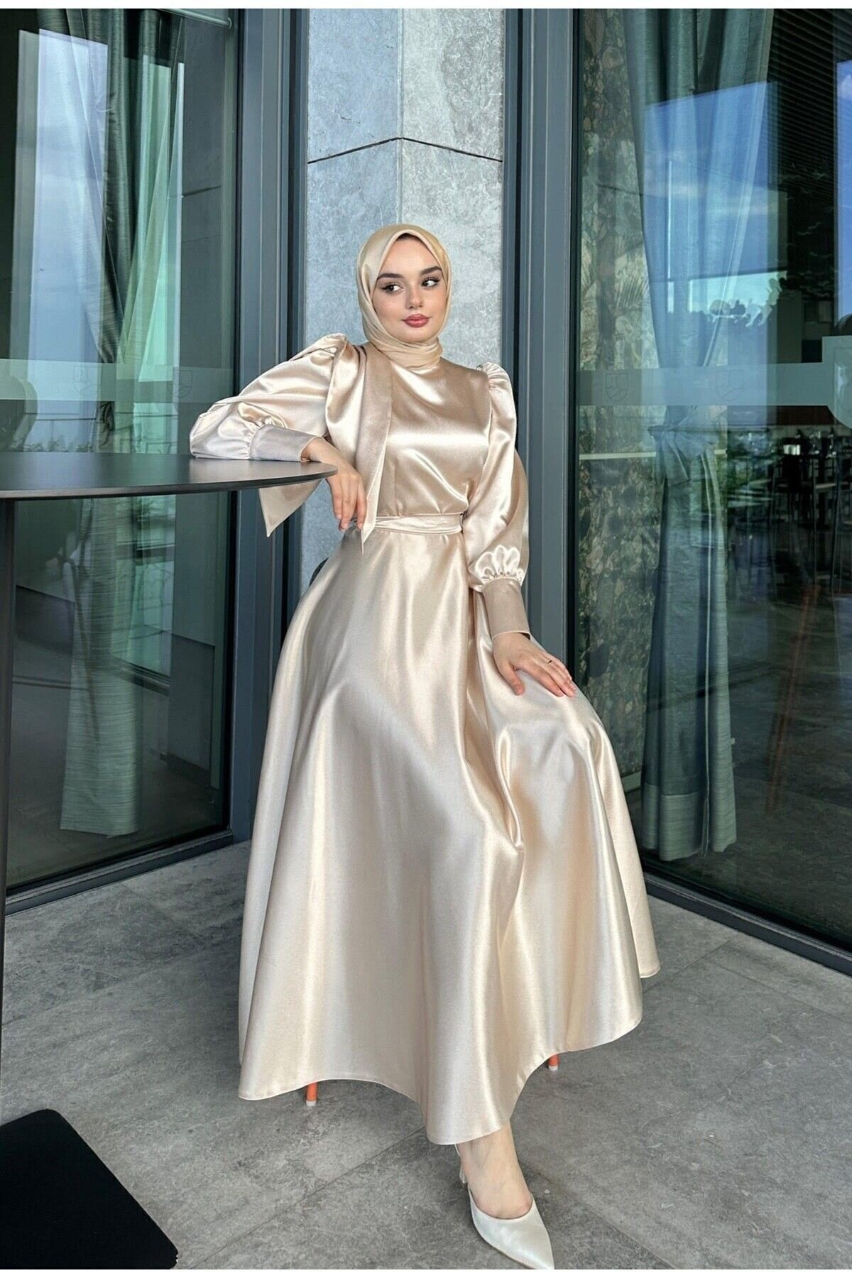 Satin Evening Dress - Beige - Azeem