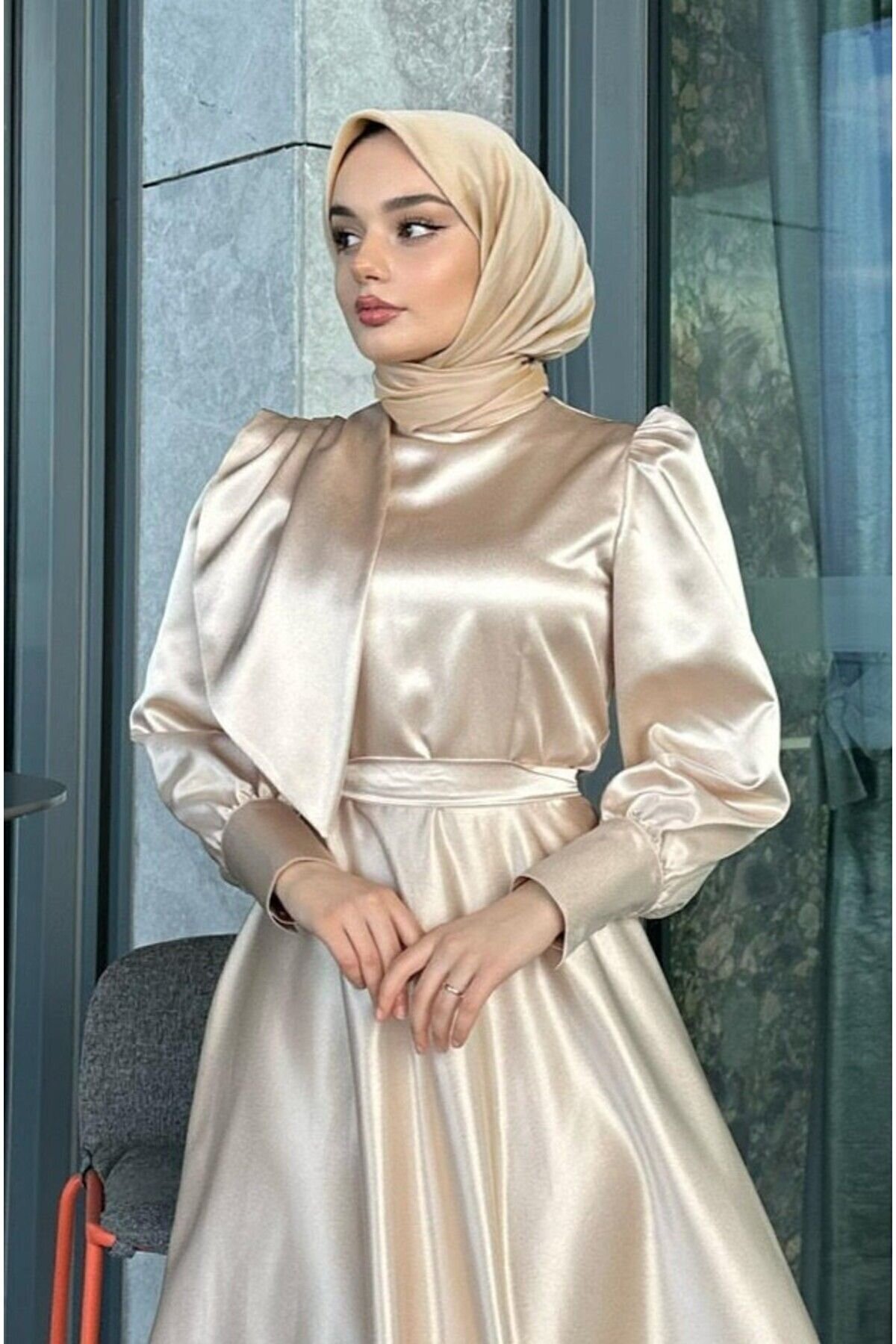 Satin Evening Dress - Beige - Azeem