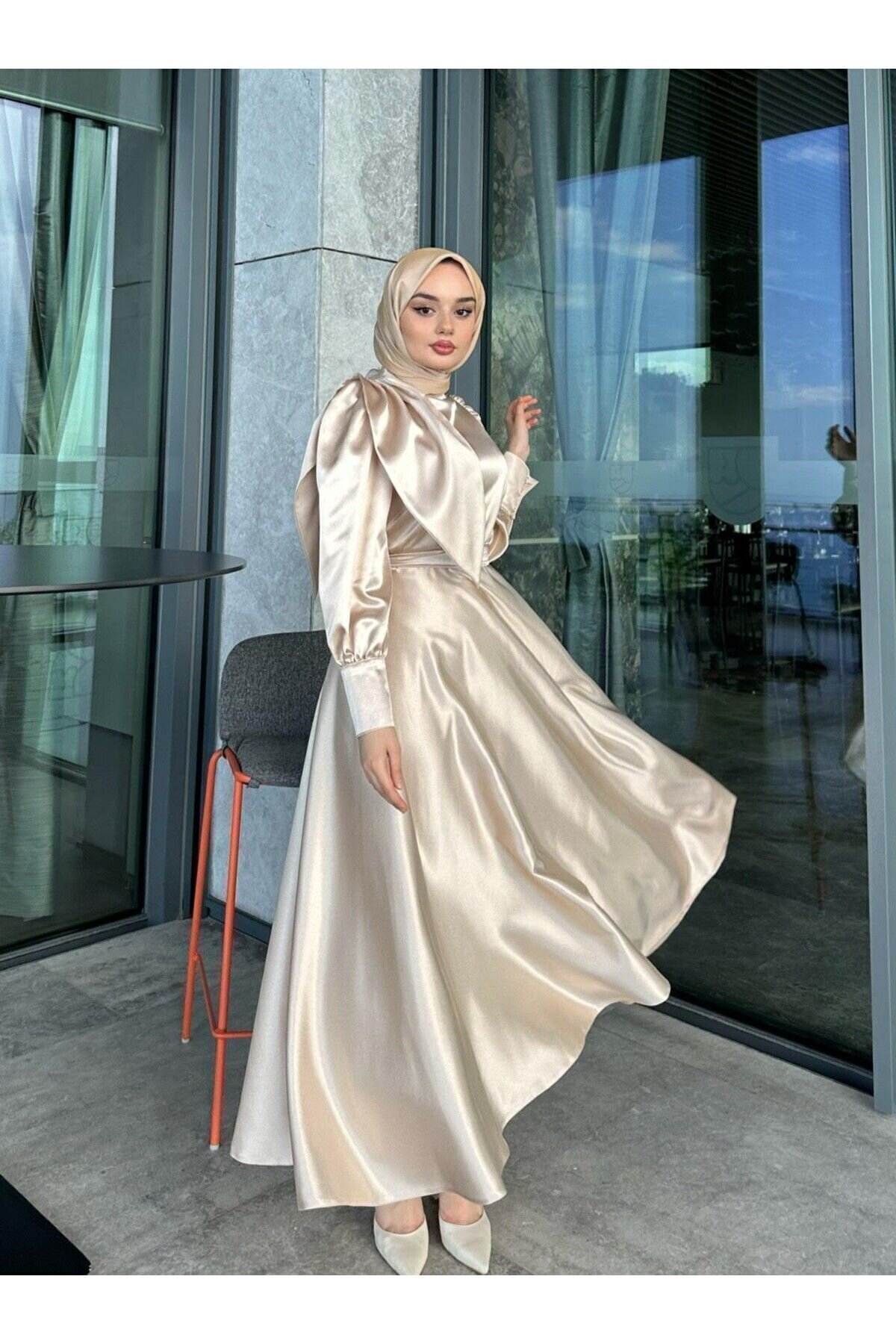 Satin Evening Dress - Beige - Azeem