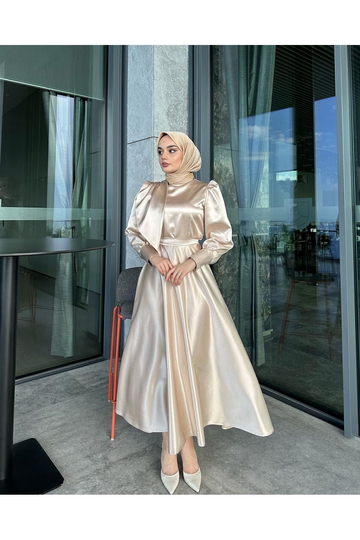 Satin Evening Dress - Beige - Azeem