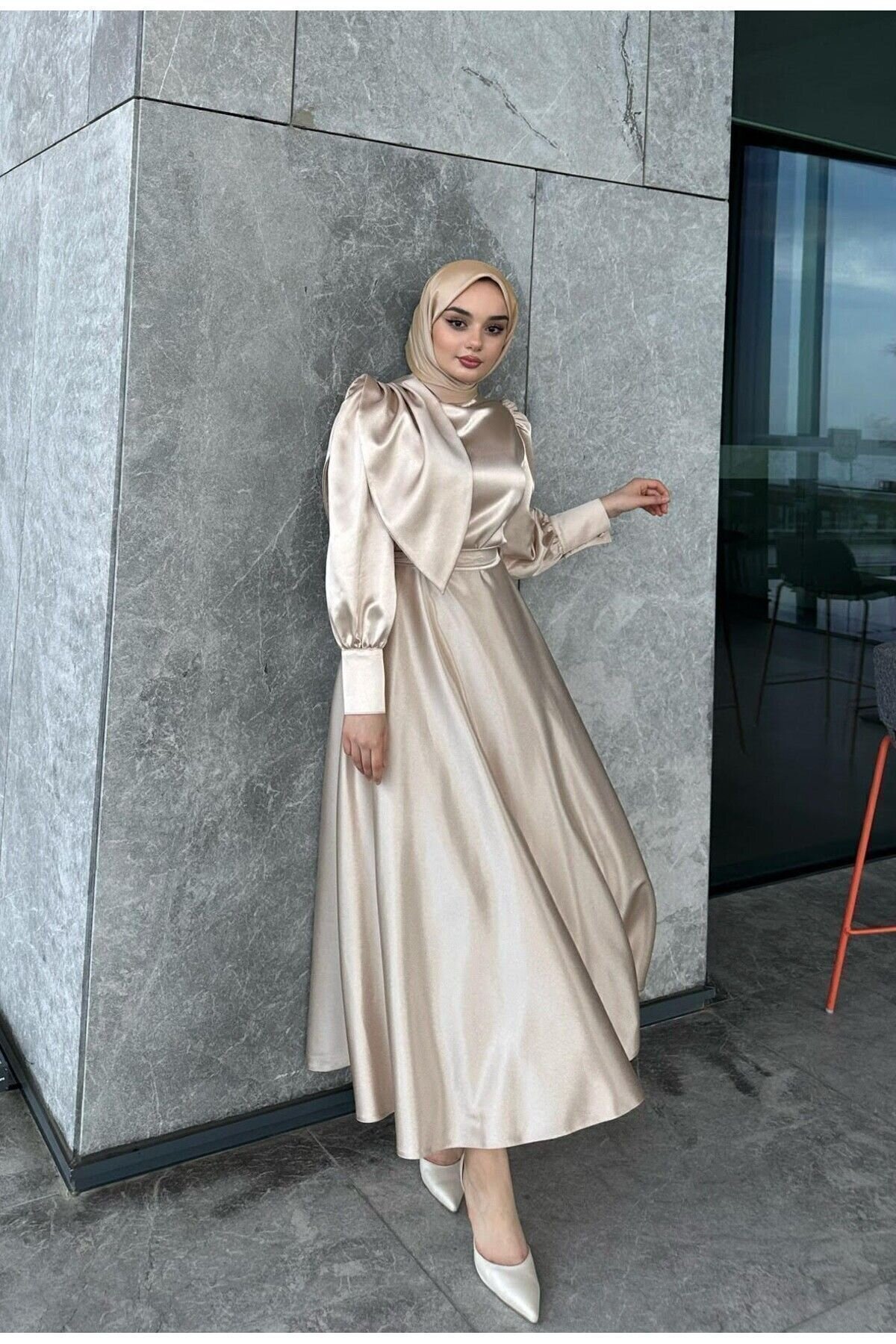 Satin Evening Dress - Beige - Azeem