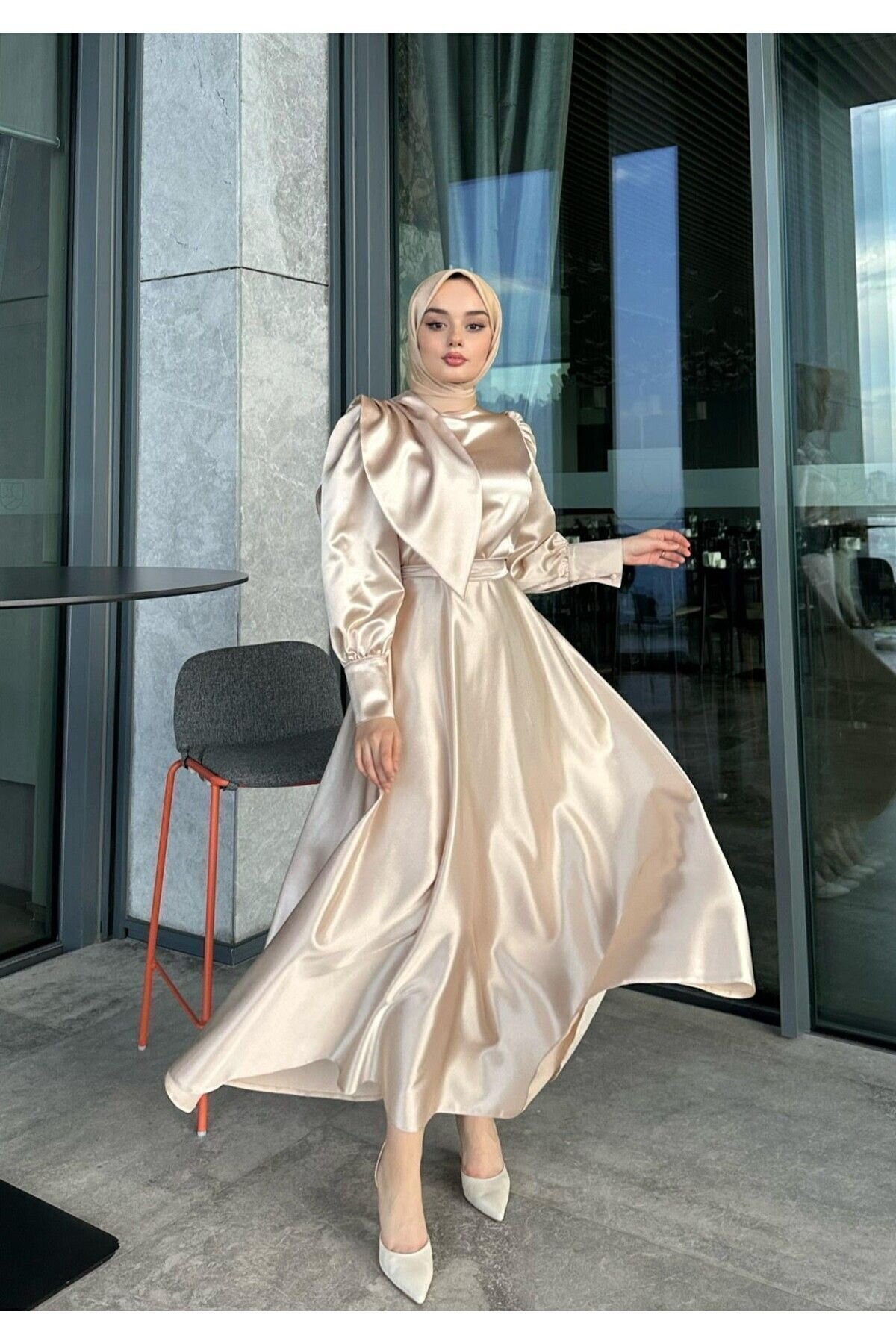 Satin Evening Dress - Beige - Azeem