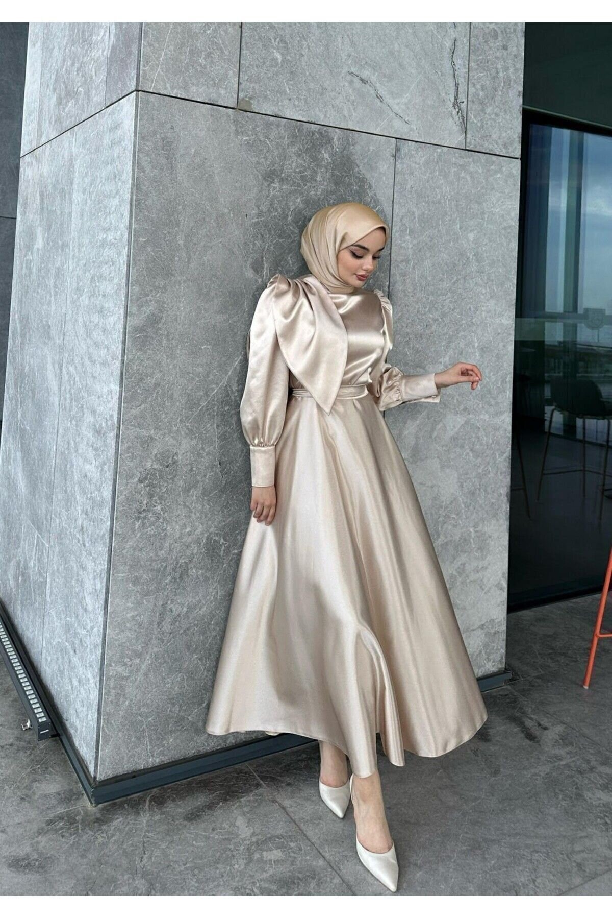 Satin Evening Dress - Beige - Azeem