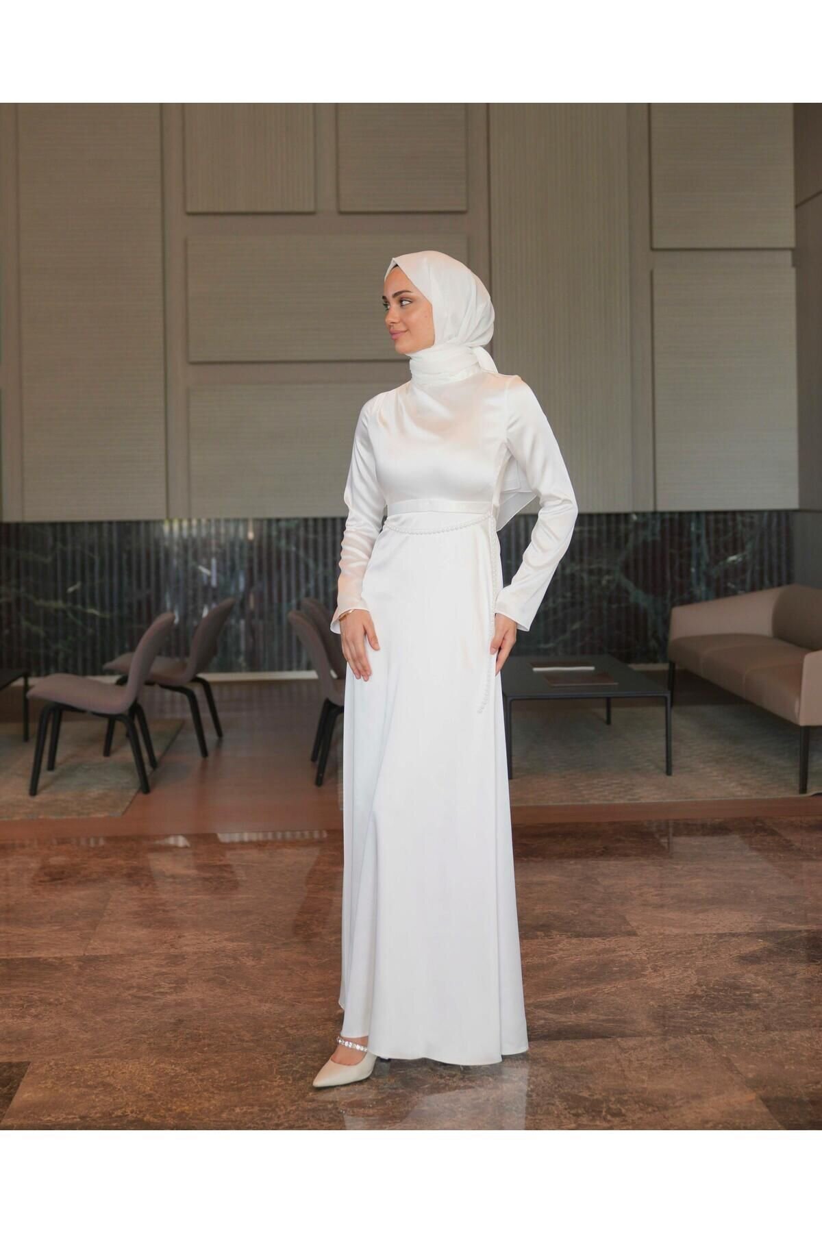 Beyaz Saten İzem Abiye Elbise - Azeem