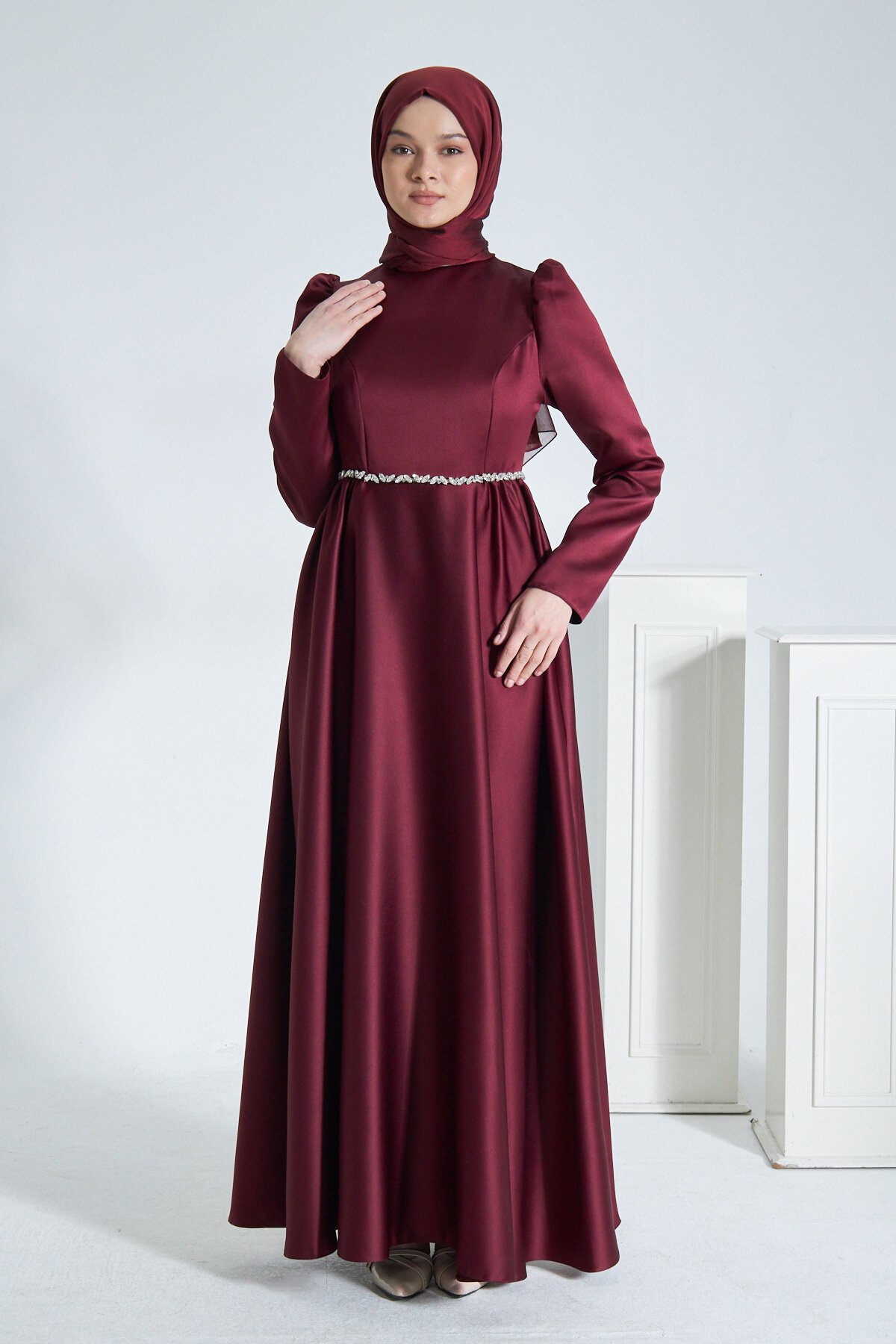 Matte Satin Evening Dress - Maroon - Azeem