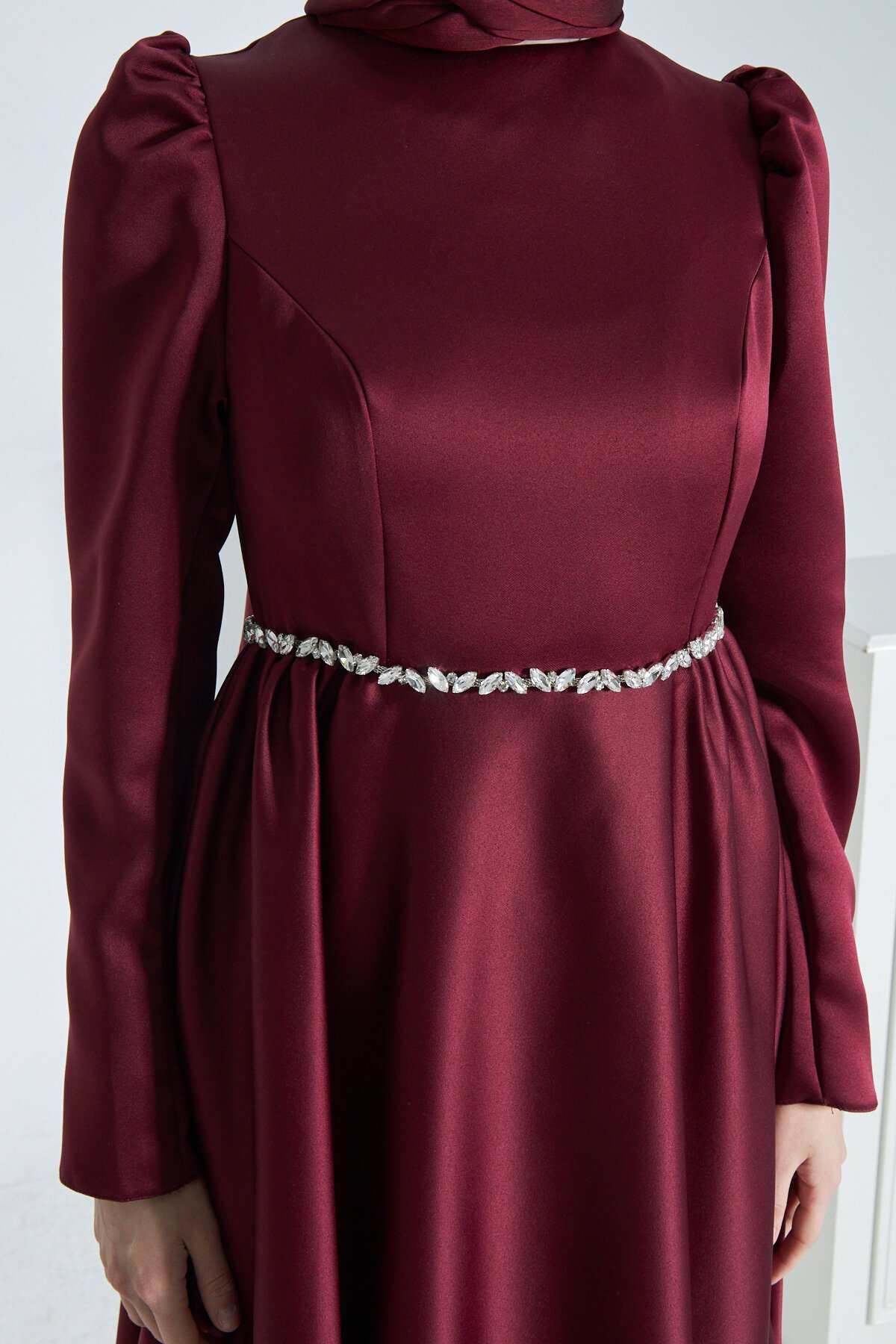 Matte Satin Evening Dress - Maroon - Azeem
