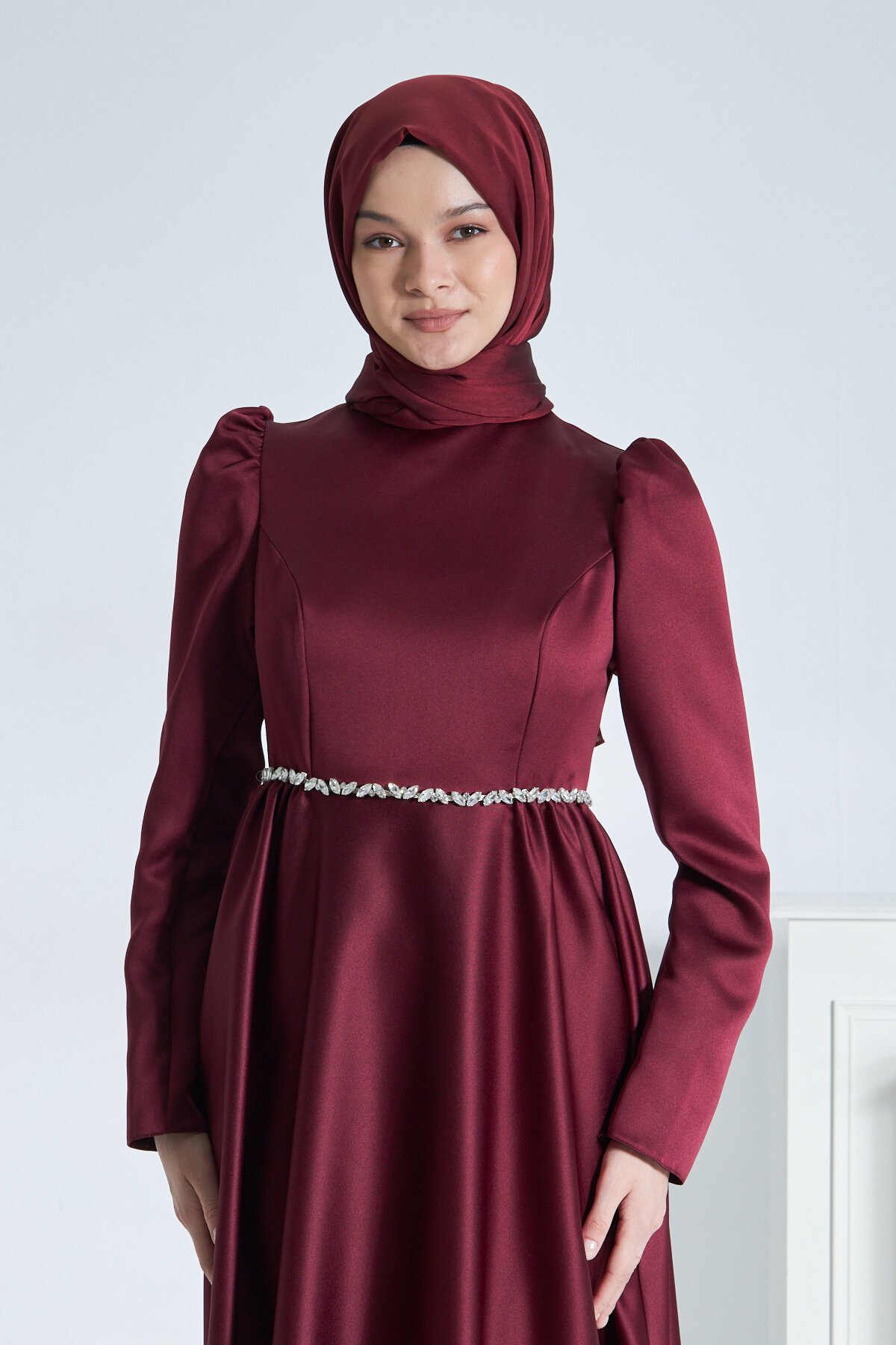 Matte Satin Evening Dress - Maroon - Azeem