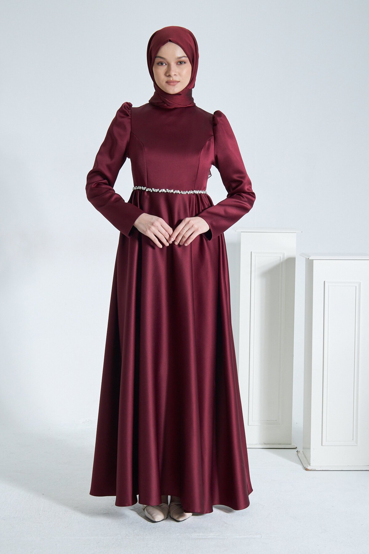 Matte Satin Evening Dress - Maroon - Azeem