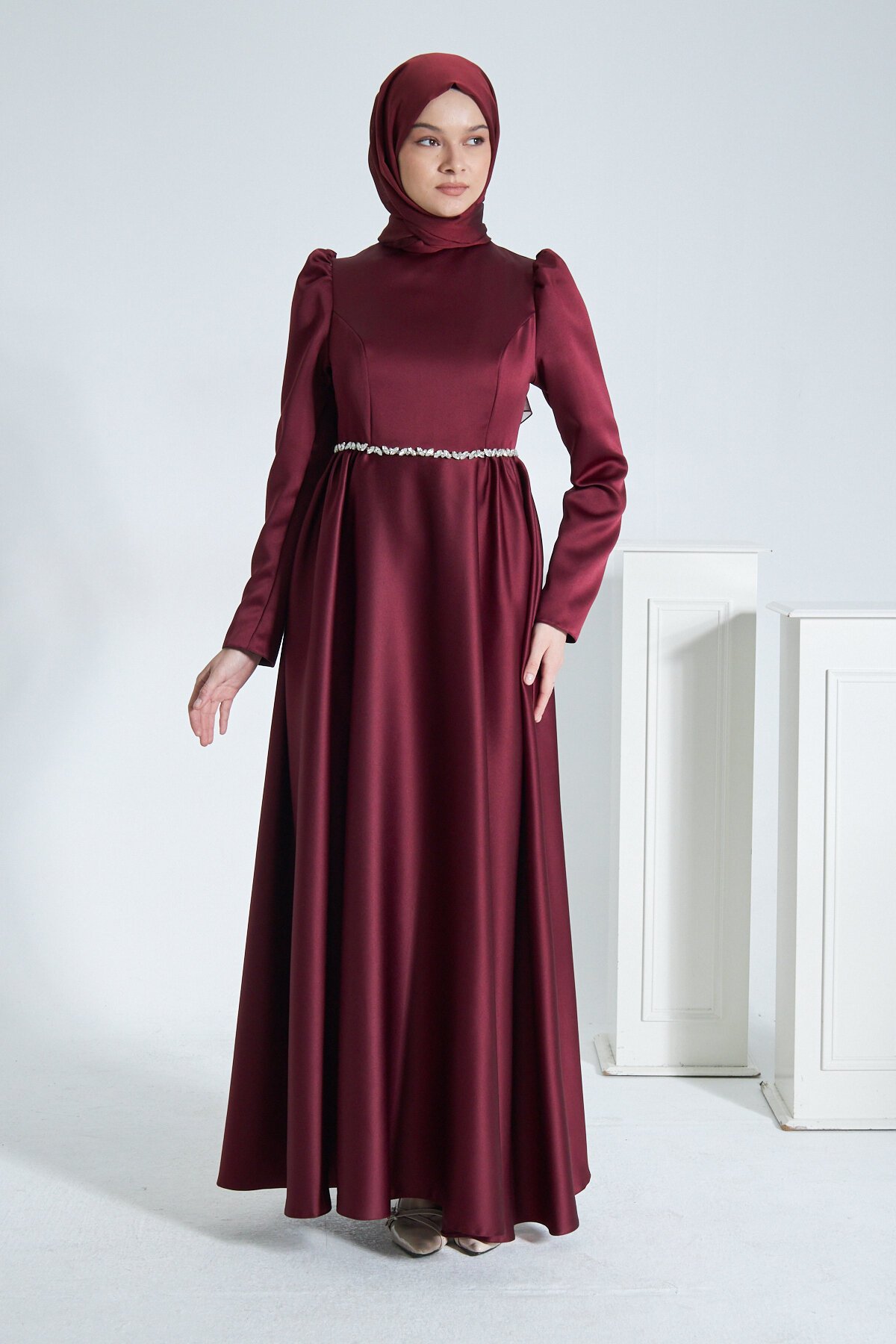 Matte Satin Evening Dress - Maroon - Azeem