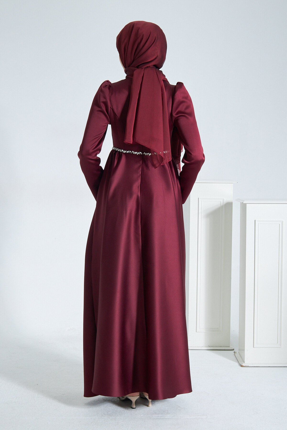 Matte Satin Evening Dress - Maroon - Azeem