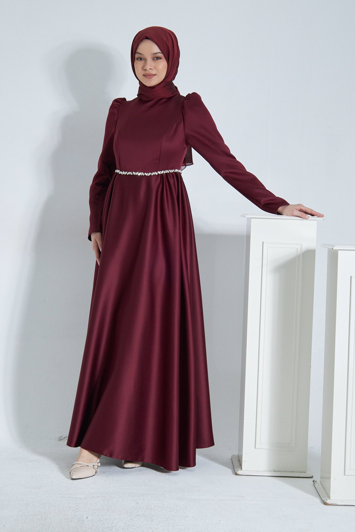 Matte Satin Evening Dress - Maroon - Azeem