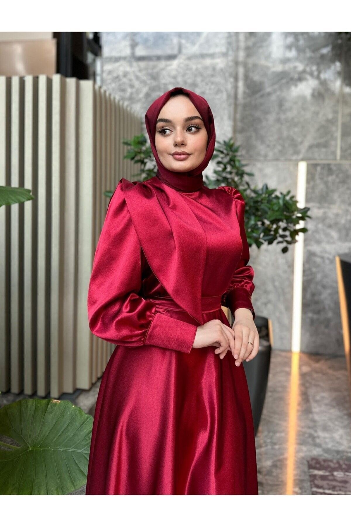 Satin Evening Dress - Claret Red - Azeem