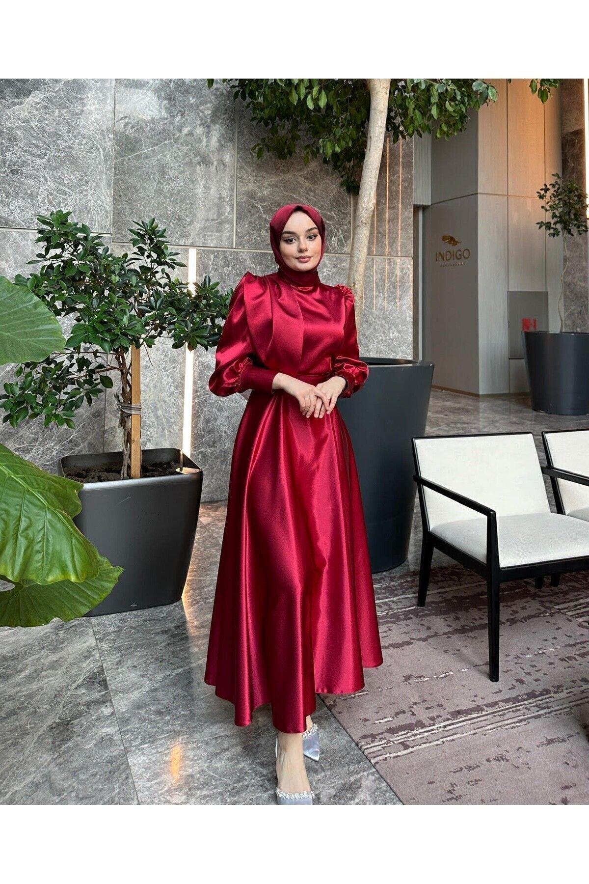 Satin Evening Dress - Claret Red - Azeem