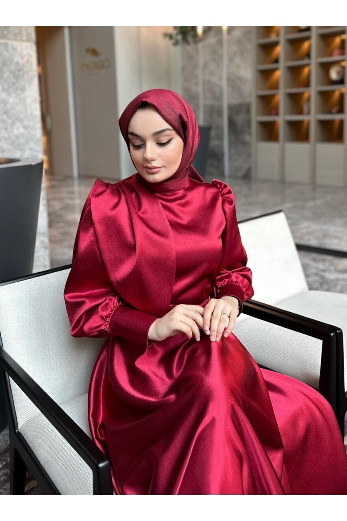 Satin Evening Dress - Claret Red - Azeem