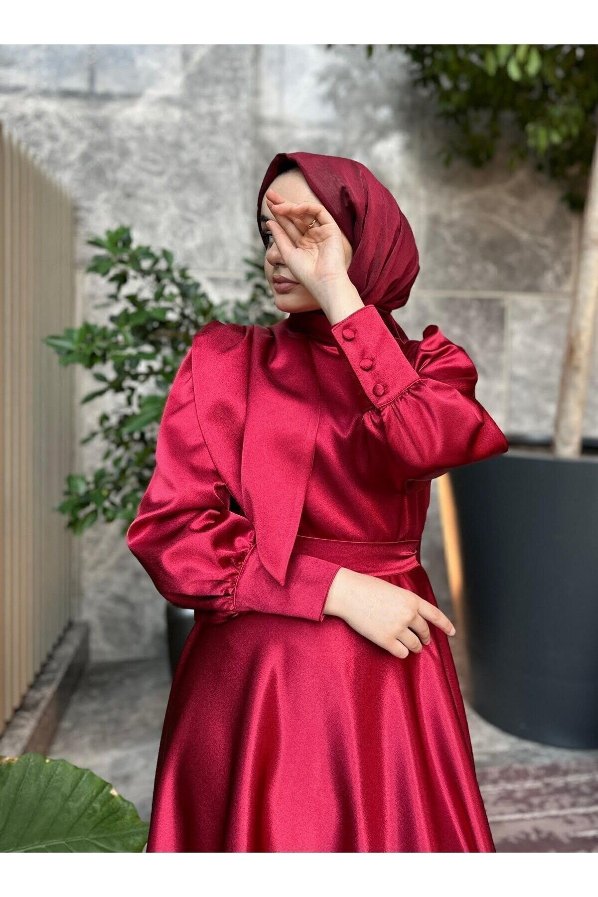 Satin Evening Dress - Claret Red - Azeem