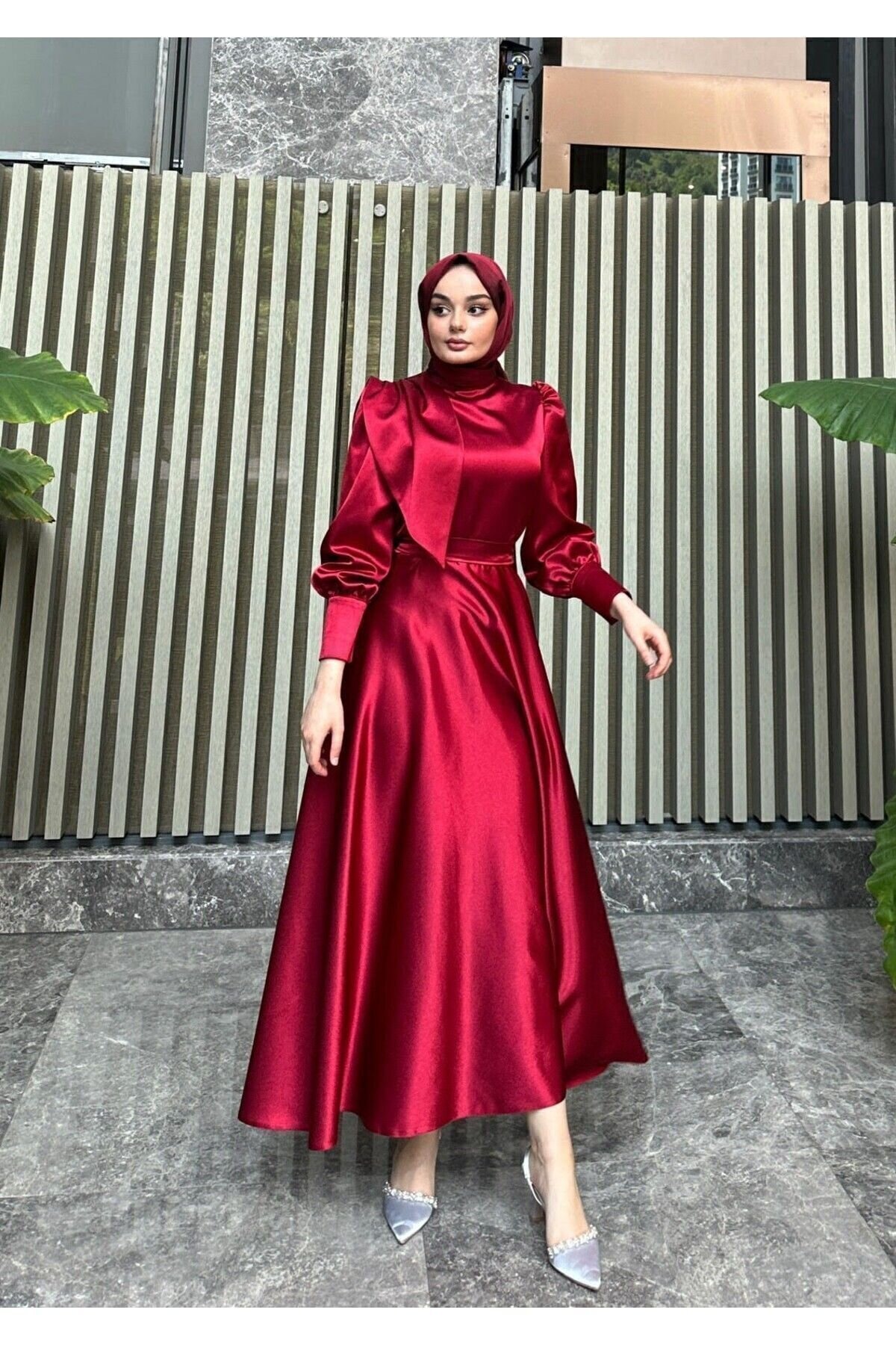 Satin Evening Dress - Claret Red - Azeem