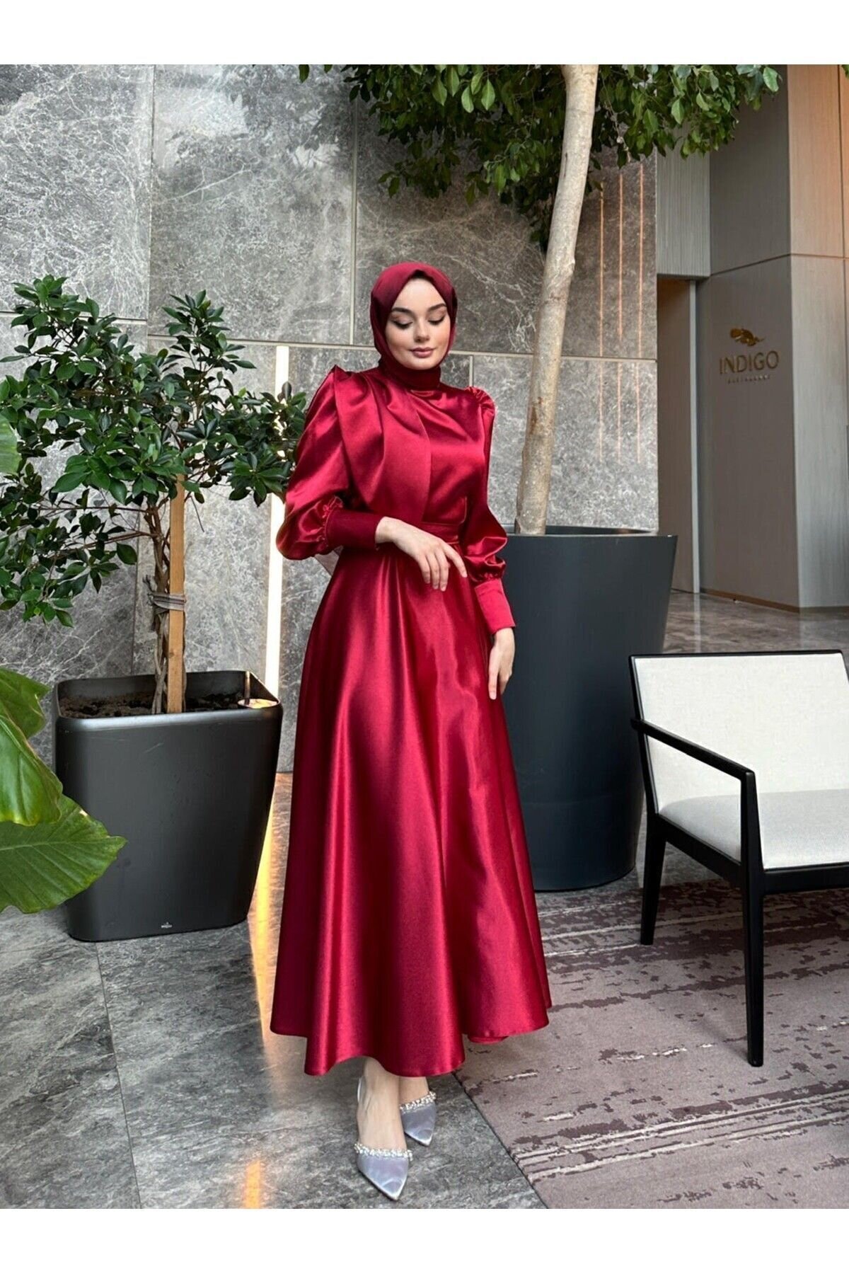 Satin Evening Dress - Claret Red - Azeem