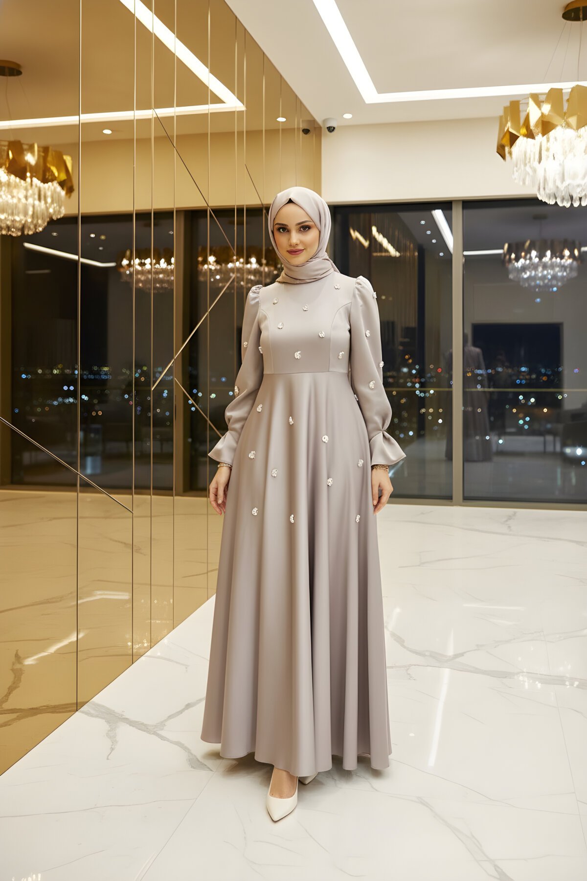 Gri Kristal Taş İşlemeli Saten Abiye Elbise - Azeem