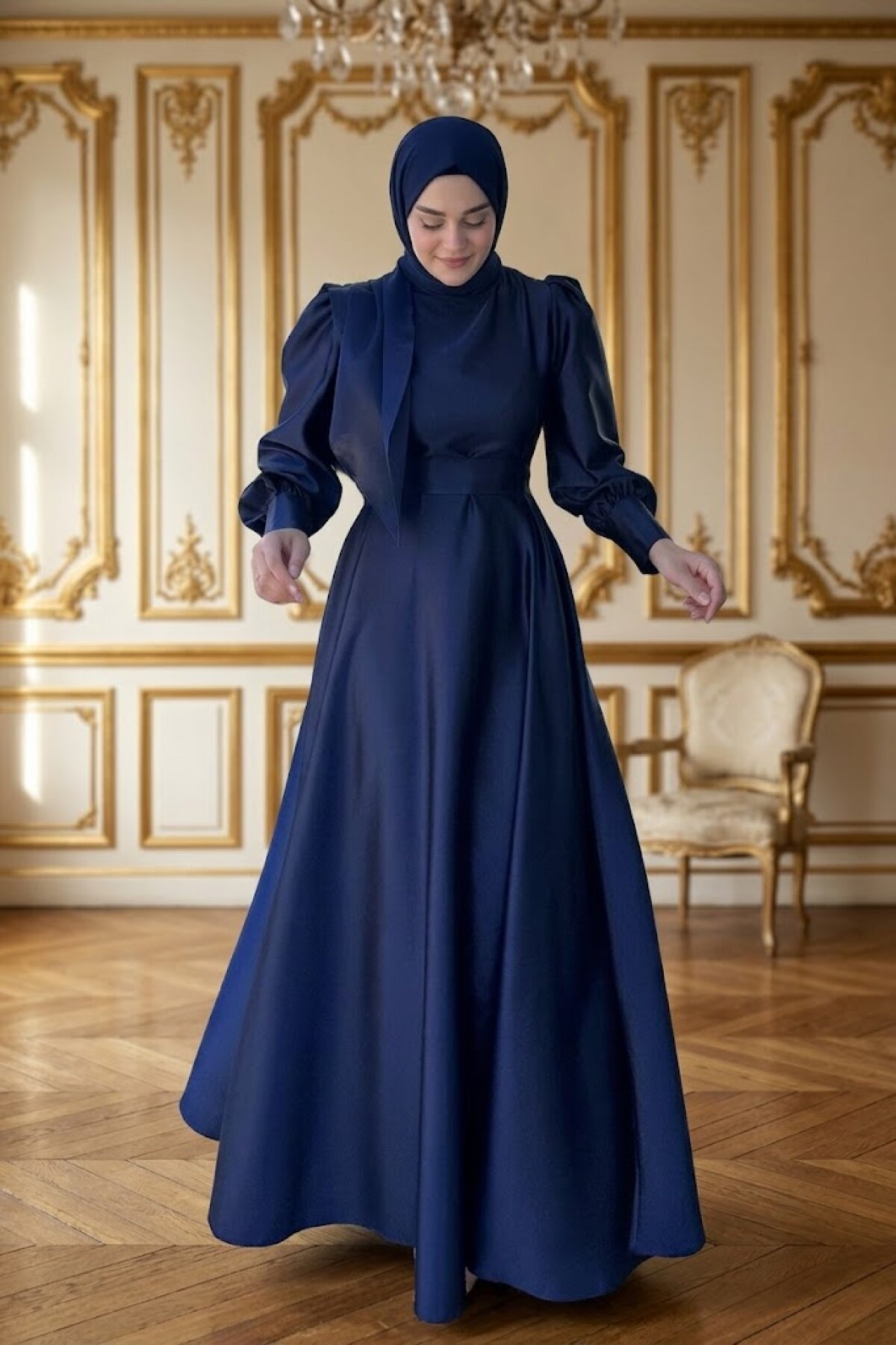 Satin Evening Dress - Navy - Azeem