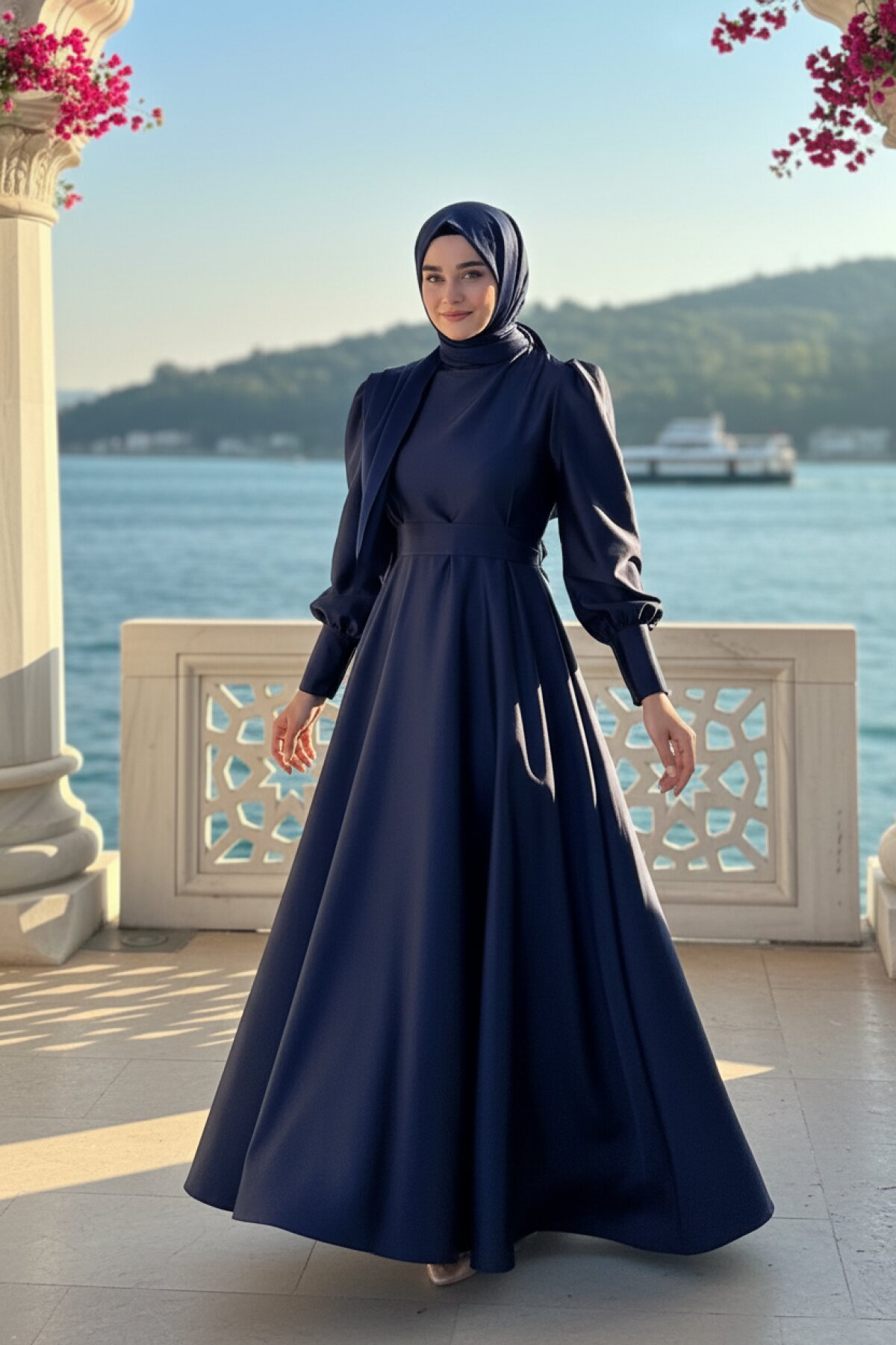 Satin Evening Dress - Navy - Azeem