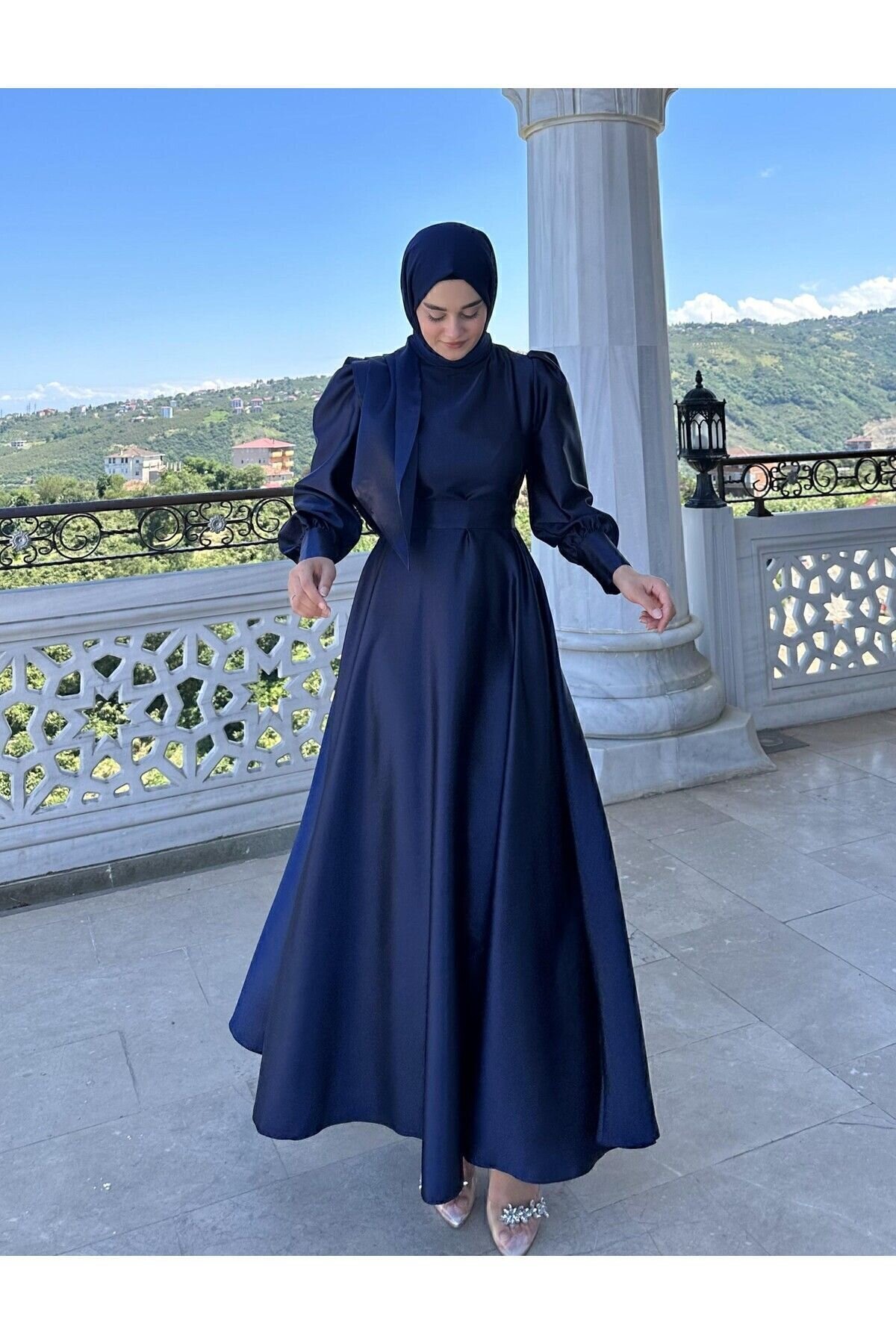 Satin Evening Dress - Navy - Azeem