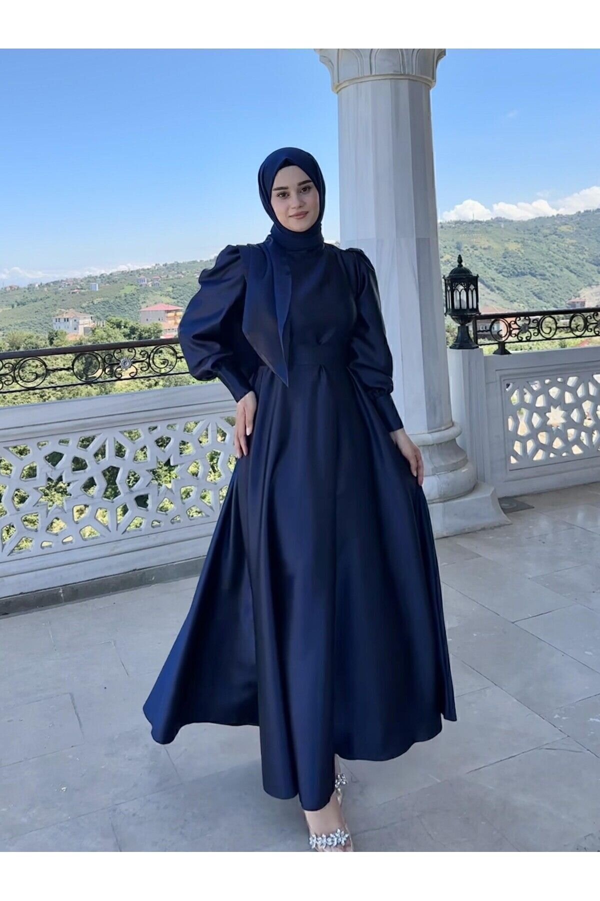 Satin Evening Dress - Navy - Azeem