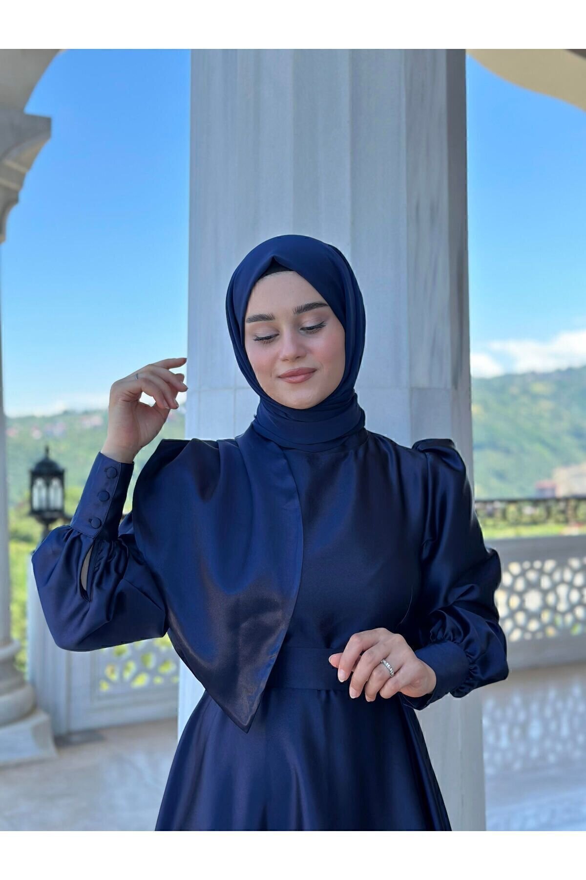 Satin Evening Dress - Navy - Azeem