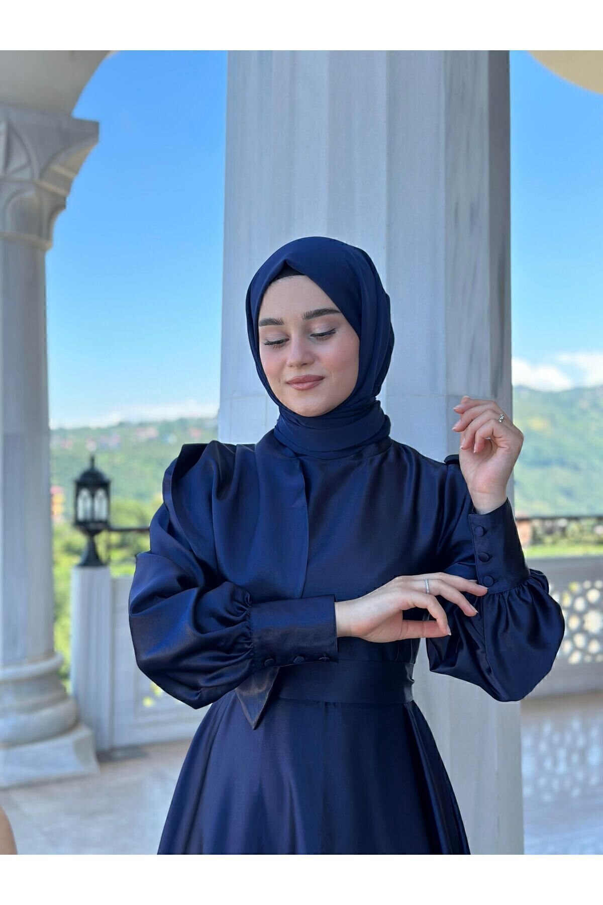 Satin Evening Dress - Navy - Azeem