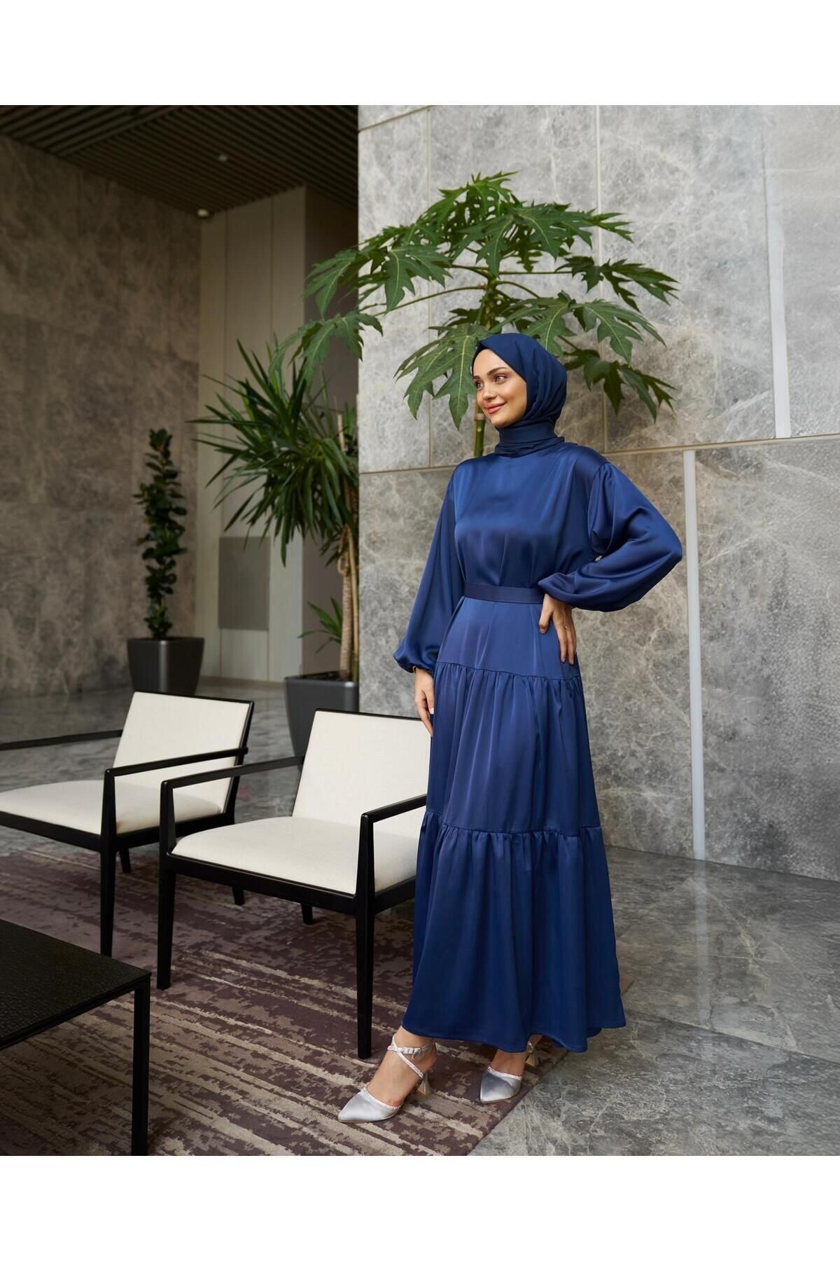 Satin Evening Dress - Navy - Azeem